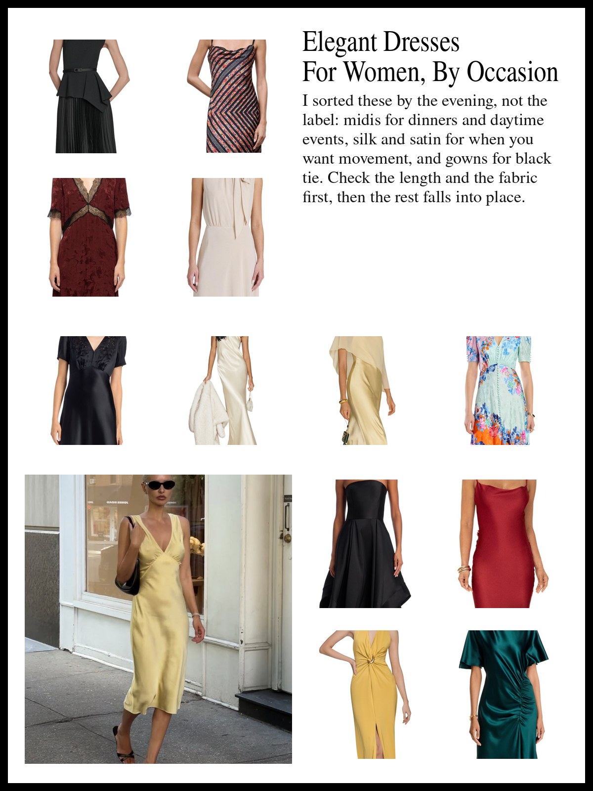 A collage of midi dresses, silk and satin dresses and long satin gowns, and a mood photo of a butter yellow satin slip dress worn on a city sidewalk.