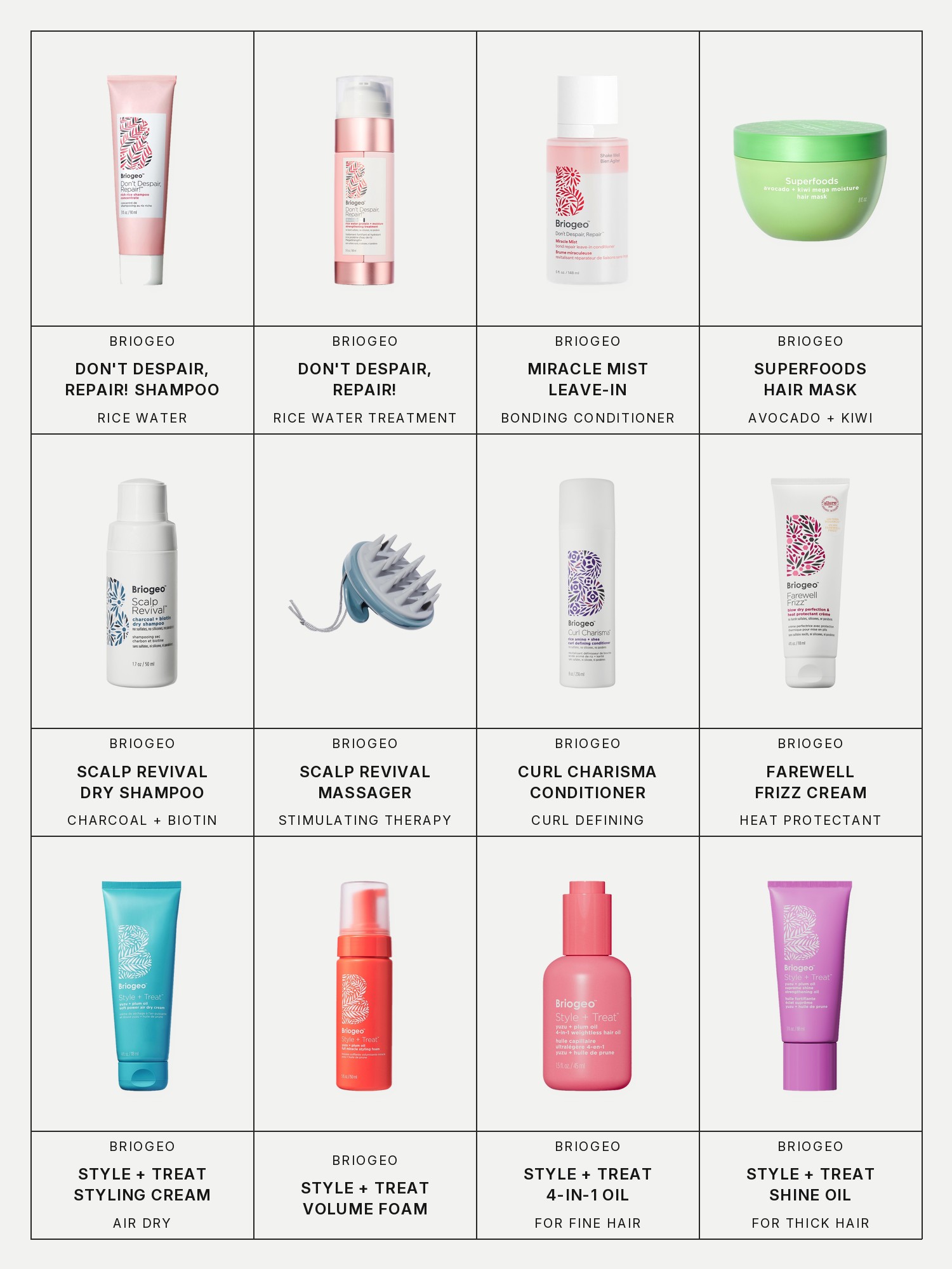 Twelve boxes on a pale grey page, one for each product in this edit, each with its brand and name printed below: Briogeo Don't Despair, Repair! Rich Rice Water Shampoo Concentrate, Briogeo Don't Despair Repair Rice Water Protein + Moisture Strengthening Treatment, Briogeo Don't Despair, Repair! Miracle Mist Bonding Leave-In Conditioner, Briogeo Superfoods Avocado + Kiwi Mega Moisture Hair Mask, Briogeo Scalp Revival Charcoal + Biotin Dry Shampoo, Briogeo Scalp Revival Stimulating Therapy Massager, Briogeo Curl Charisma Rice Amino + Shea Curl Defining Conditioner, Briogeo Farewell Frizz Blow Dry Perfection Heat Protectant Cream, Briogeo Style + Treat Air Dry Hair Styling Cream, Briogeo Style + Treat Hair Styling Volume Foam, Briogeo Style + Treat 4-in-1 Smoothing, Weightless Hair Oil for Fine to Medium Hair and Briogeo Style + Treat Supreme Shine Strengthening & Styling Oil for Thick Hair.