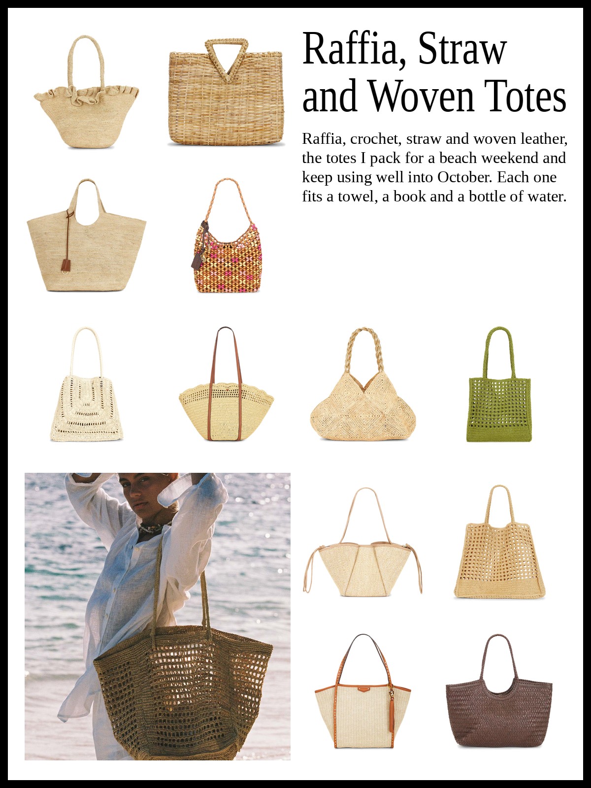 Collage of raffia, straw and crochet totes, beside a photo of a woman on a beach carrying a large woven tote.