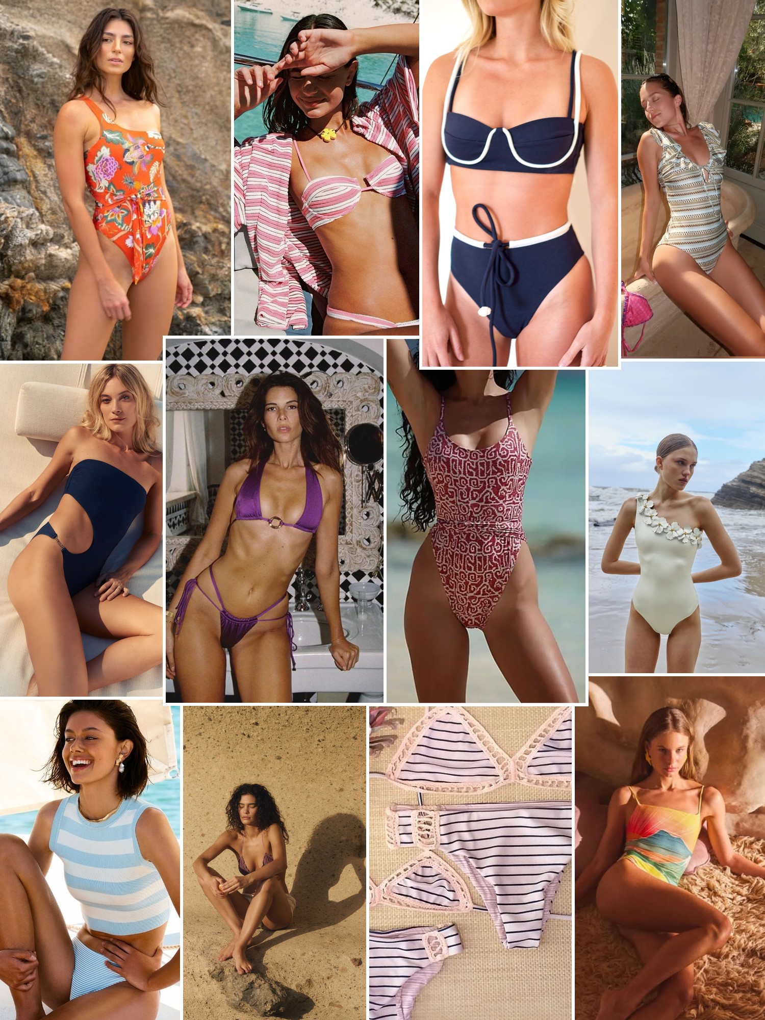 Collage of swimwear on sunlit beaches and by the water, in the spirit of AMOR MIA