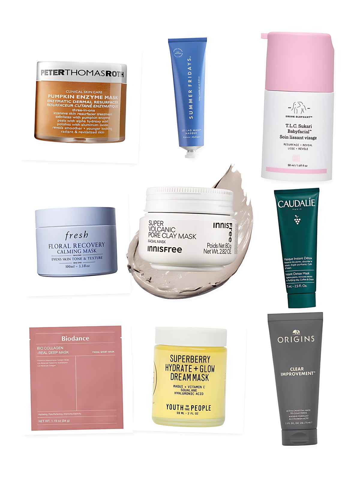 Collage on a white background showing innisfree Korean Super Volcanic Pore Detoxing Clay Mask for Oil Control ​, Summer Fridays Jet Lag Mask + Moisturizer Deep Hydration Treatment with Ceramides, Peter Thomas Roth Pumpkin Enzyme Mask Enzymatic Dermal Resurfacer, Origins Clear Improvement™ Active Charcoal Face Mask to Clear Pores, Youth To The People Superberry Hydrate + Glow Dream Night Cream + Mask with Vitamin C, Biodance Bio Collagen Real Deep Mask for Pore Minimizing & Firming Care, Caudalie Pore Minimizing Instant Detox Mask, fresh Floral Recovery Overnight Mask with Squalane and Drunk Elephant TLC Sukari Babyfacial 25% AHA/ 2% BHA Exfoliating Mask.