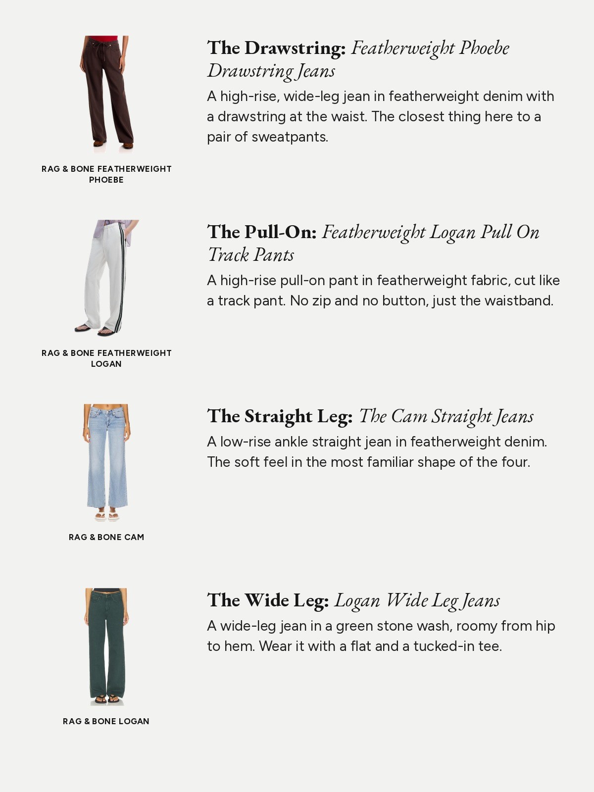 Rag & Bone sweatpant jeans collage: drawstring, pull-on, straight and wide leg