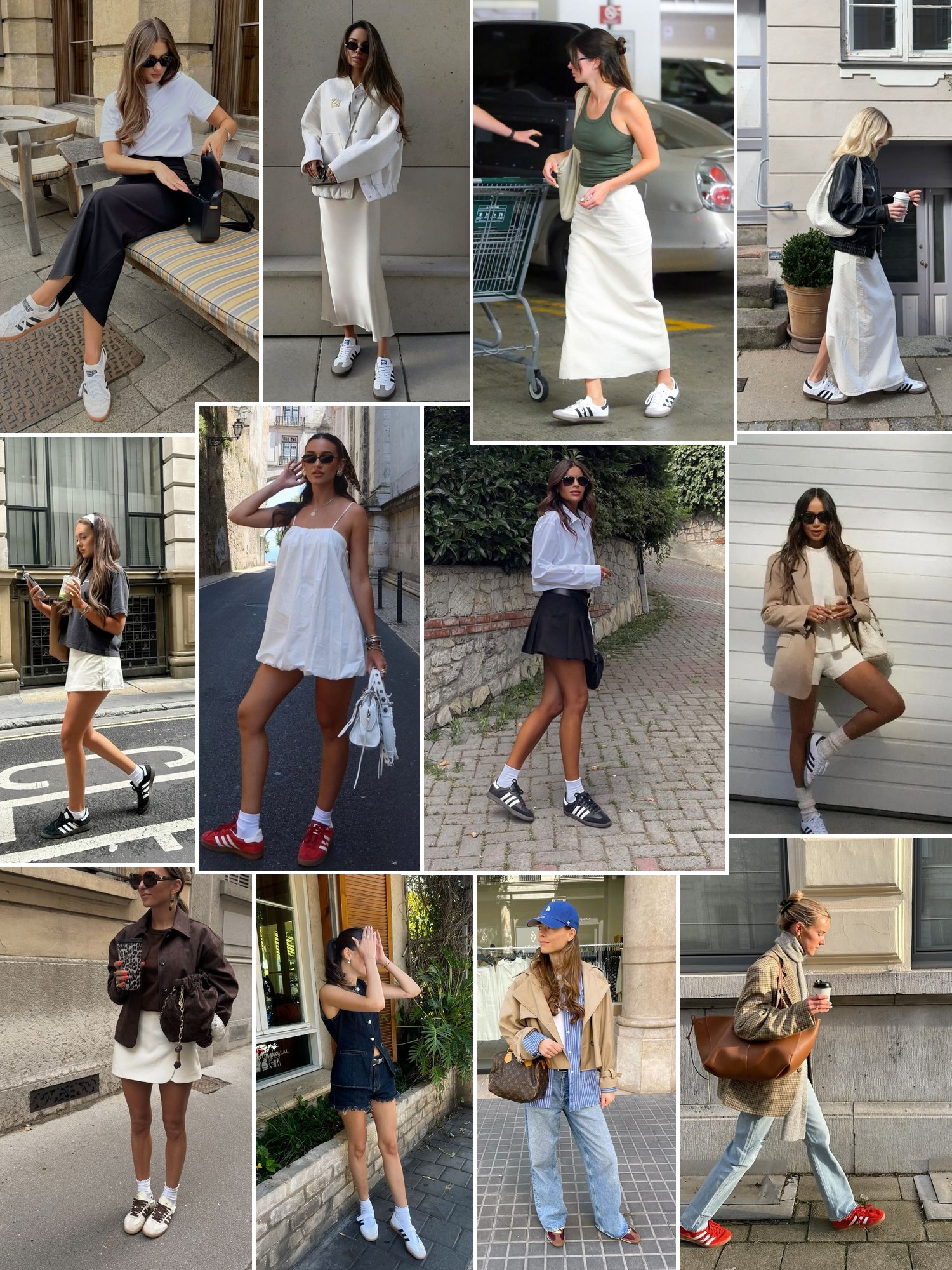 Collage of adidas Sambae outfits with skirts and jeans