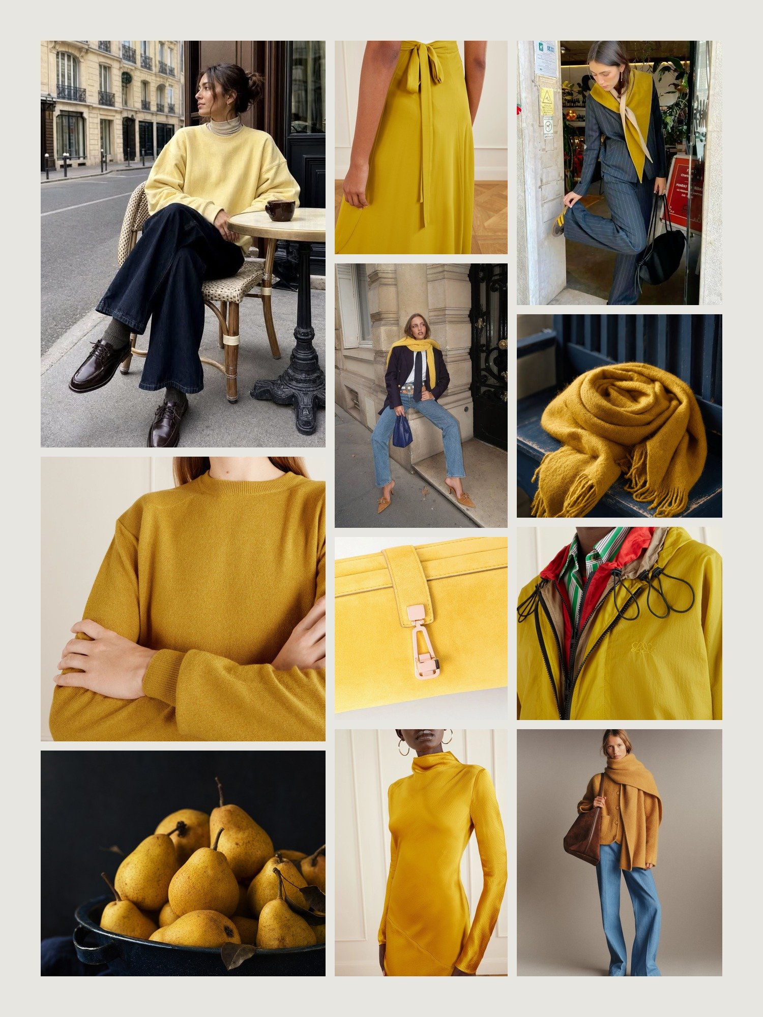 Mood board for mustard and navy outfits: four street-style photos of women wearing mustard and navy, close-ups of the Saint Laurent cashmere sweater, the Eres midi skirt, the Gabriela Hearst suede clutch, the Tove maxi dress and the Loewe shell jacket from this edit, and two still lifes in both colors