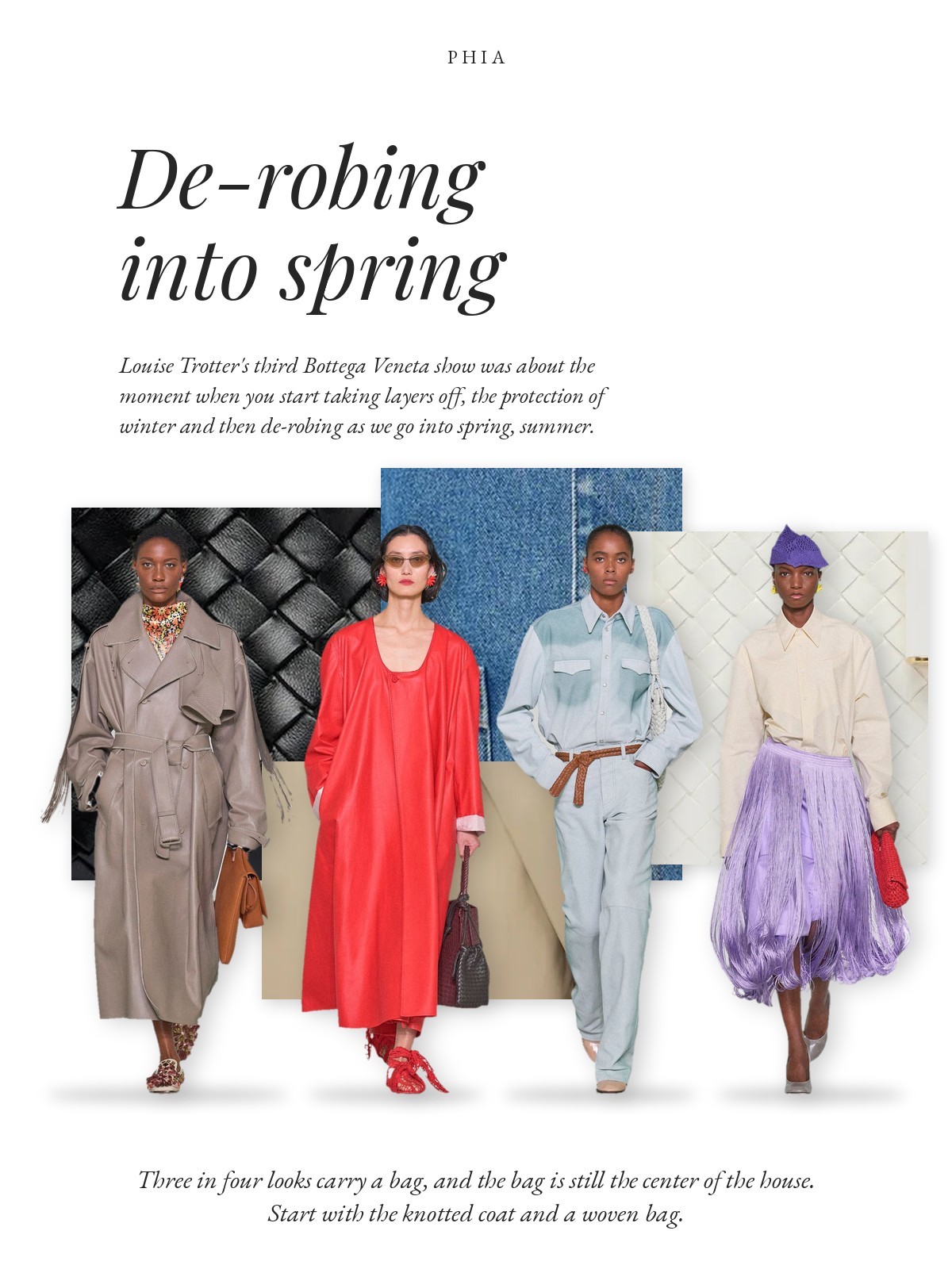 Collage: Bottega Veneta Spring 2027 runway looks over fabric textures