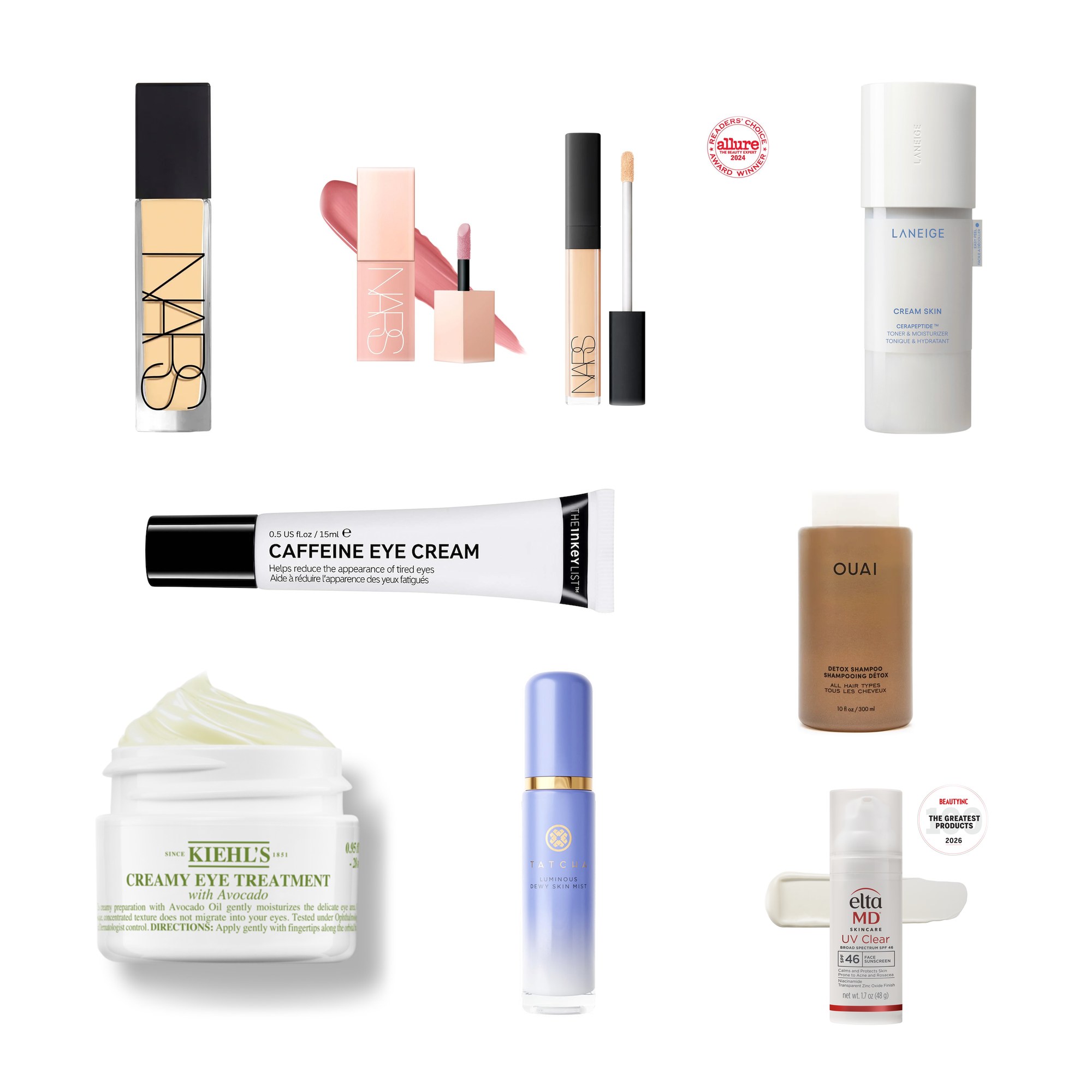 A collage of the eye creams, sunscreen, concealer, dry shampoo and toner in this morning-after beauty edit, arranged on a white background.