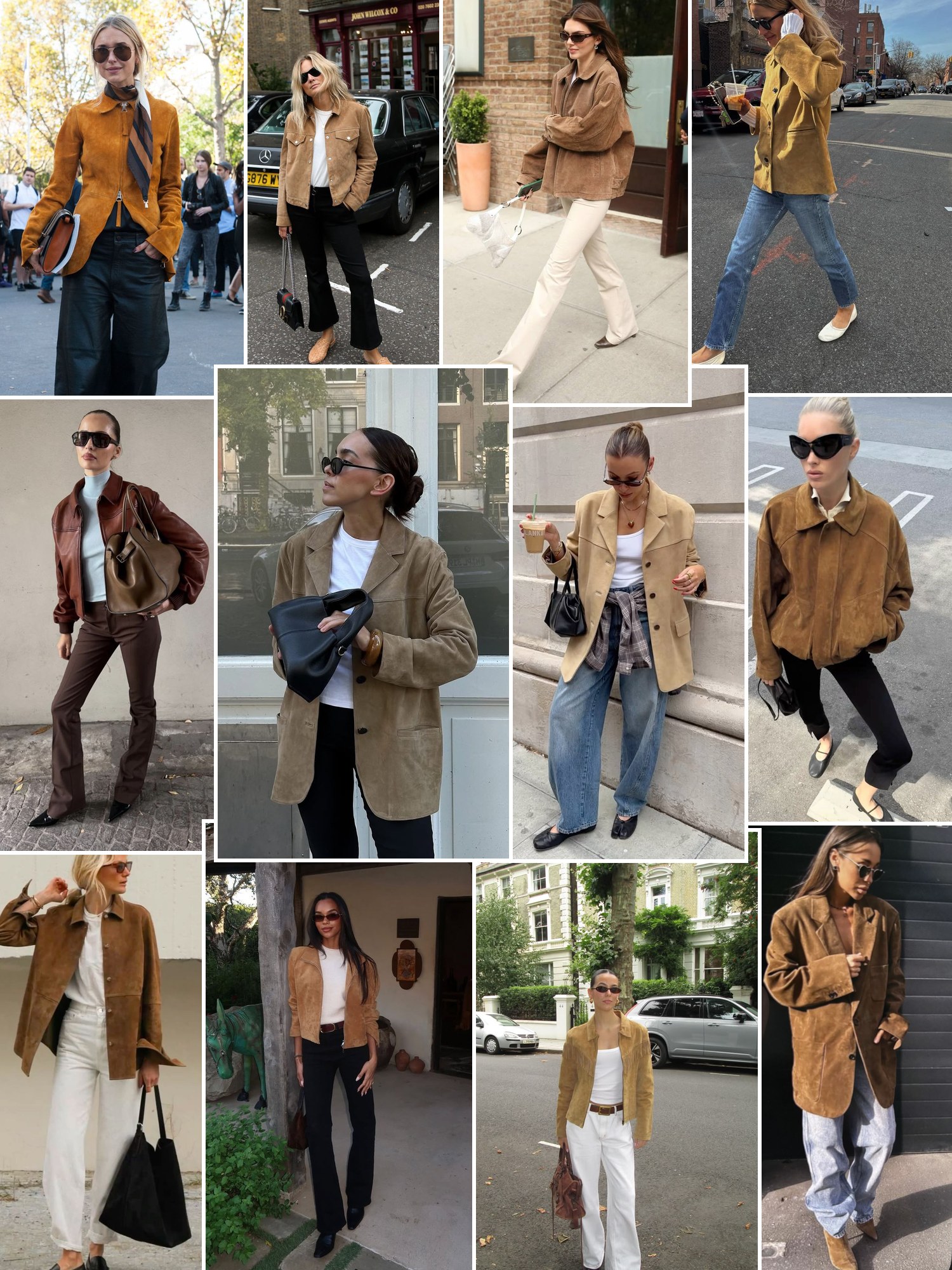 Collage of fall outfits built on midi skirts, trousers and loafers