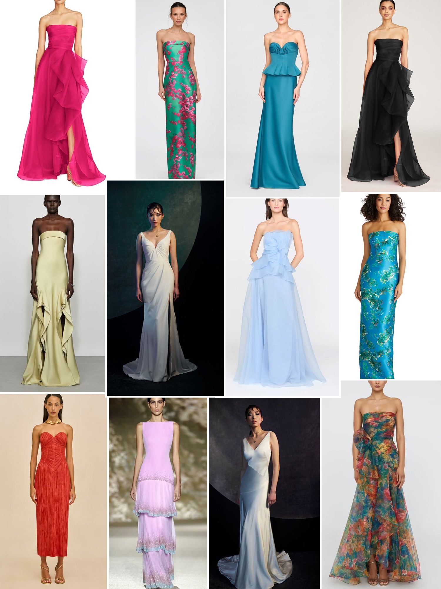 Collage of formal and bridal gowns in jewel tones, pastel satin, floral prints, and dramatic evening silhouettes.