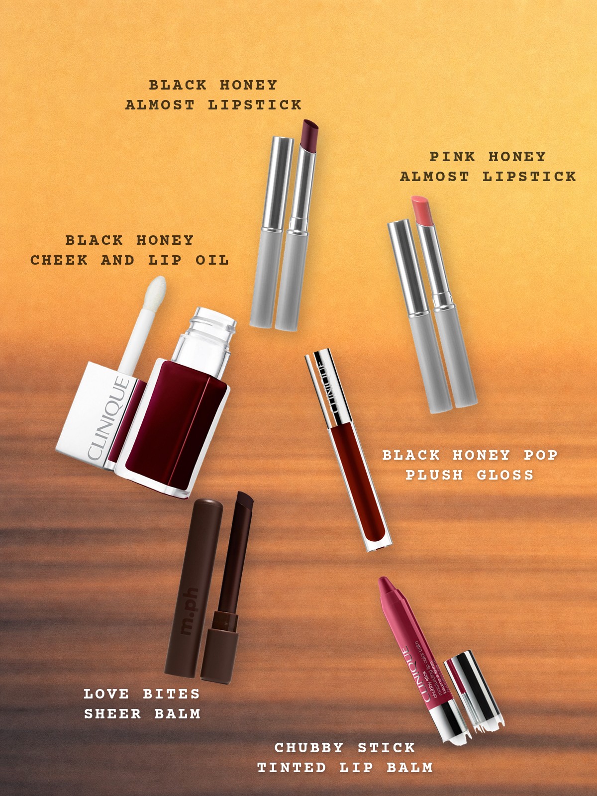 Floating collage of Clinique Almost Lipstick in Black Honey and Pink Honey, Clinique Pop Cheek + Lip Oil in Black Honey, Clinique Pop Plush gloss in Black Honey Pop, m.ph Love Bites and a Clinique Chubby Stick over a honey gold sky and sea