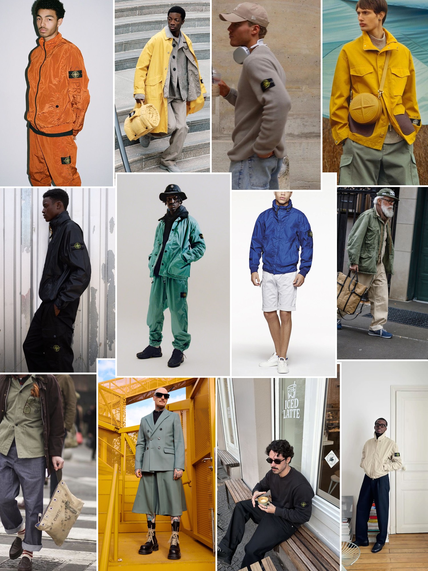 Collage of technical outerwear, cargo trousers and street style in olive, yellow, blue and black.