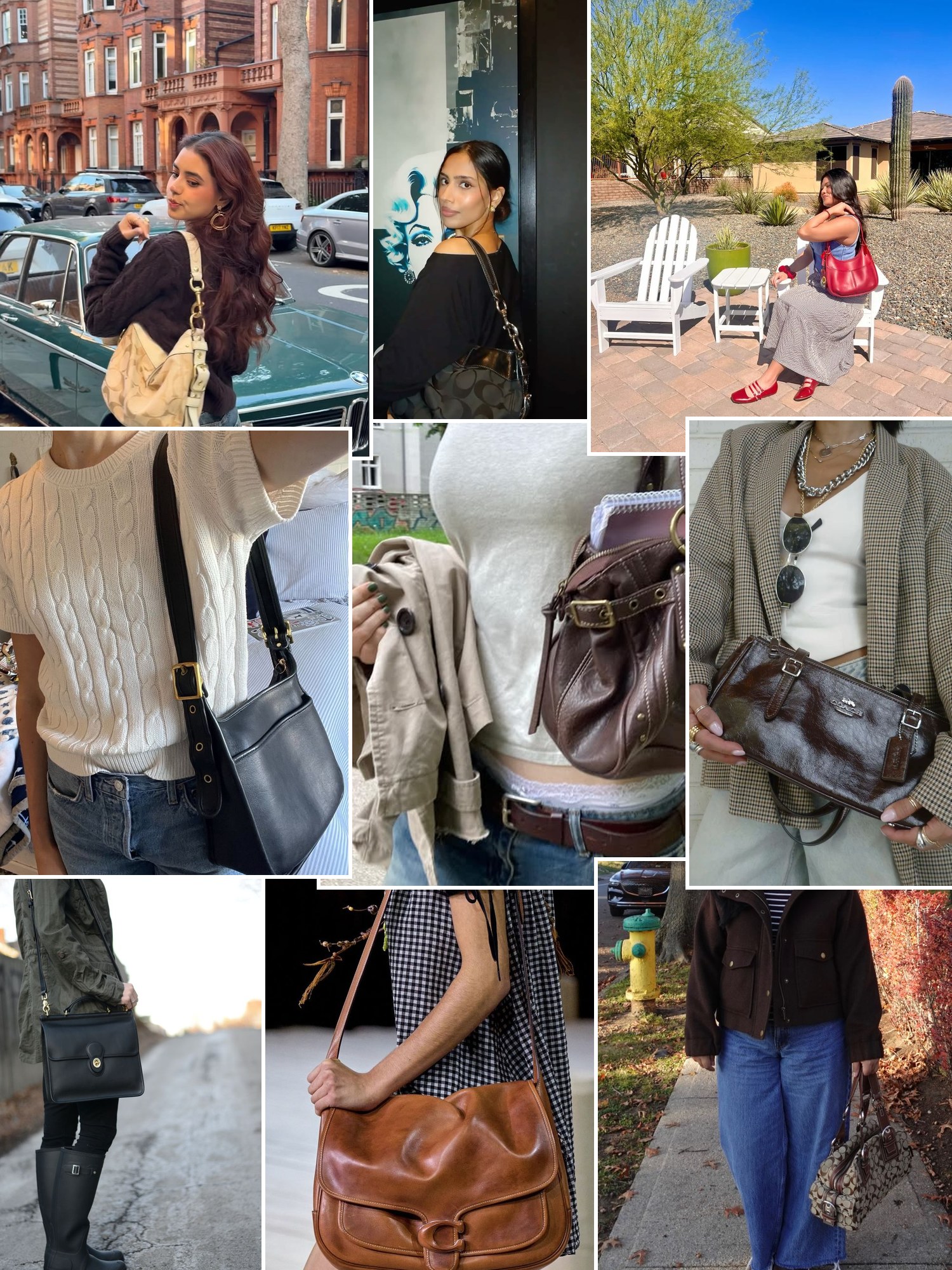 Collage of everyday outfits built around vintage Coach bag