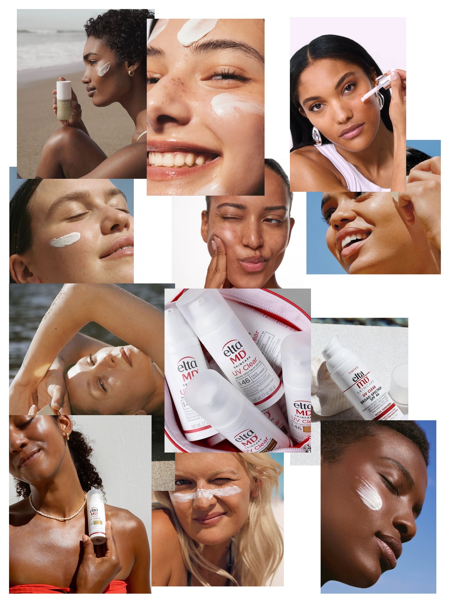 Collage of twelve street-style and editorial photos featuring EltaMD Sunscreen, scattered and overlapping