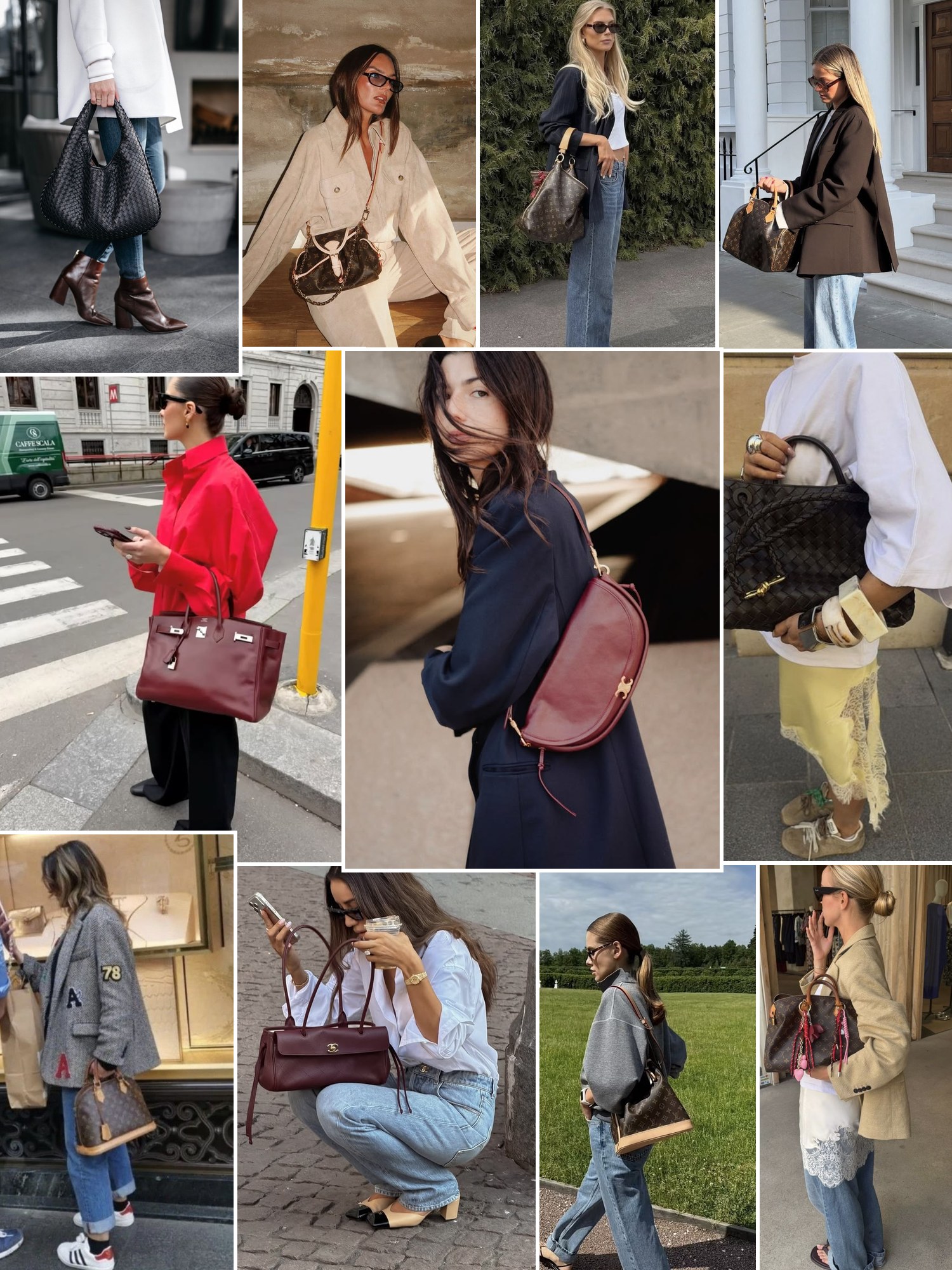 Collage of everyday outfits built around where to sell designer bags