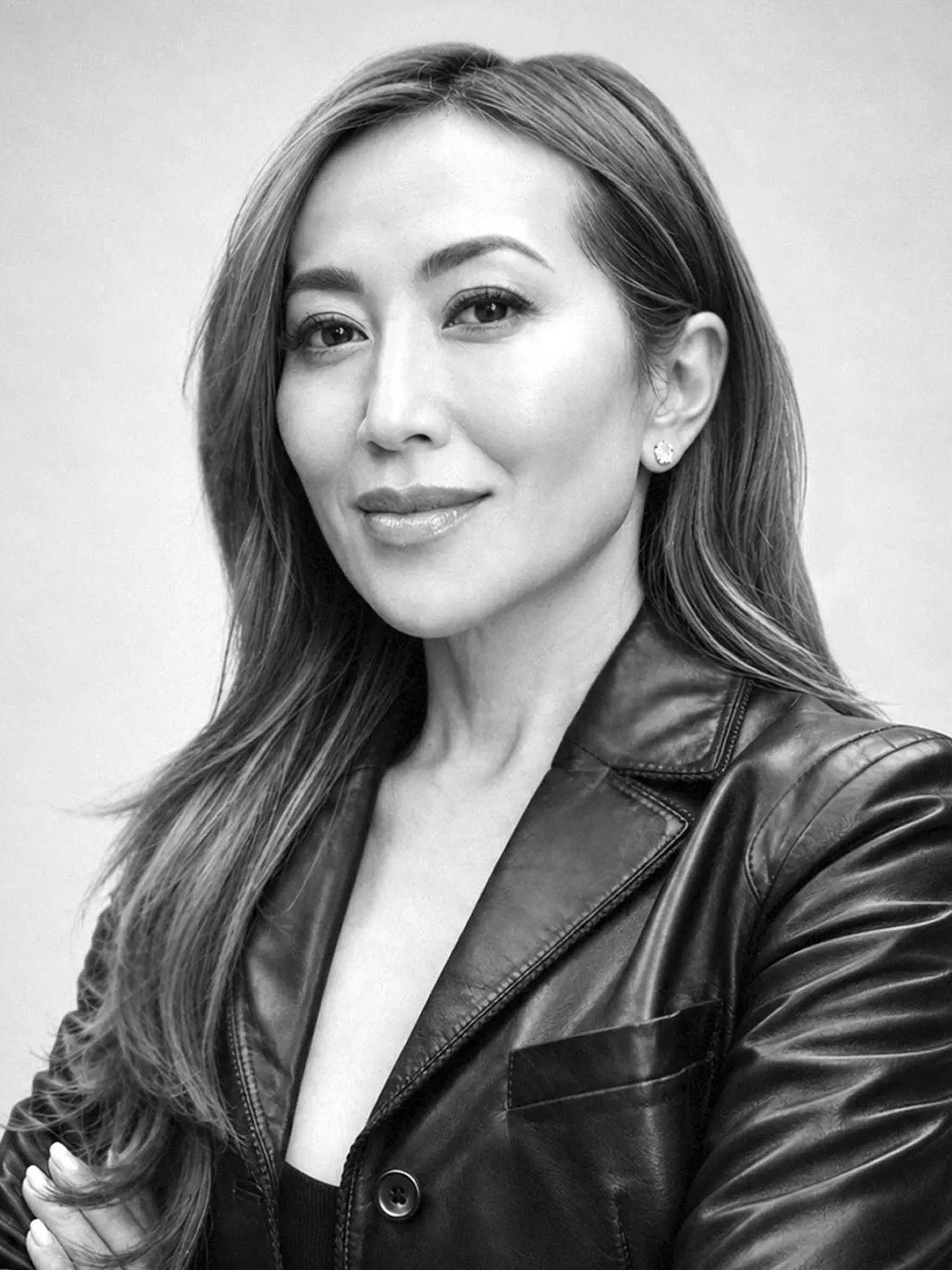 Tina Chen Craig in a black leather jacket in a black-and-white portrait