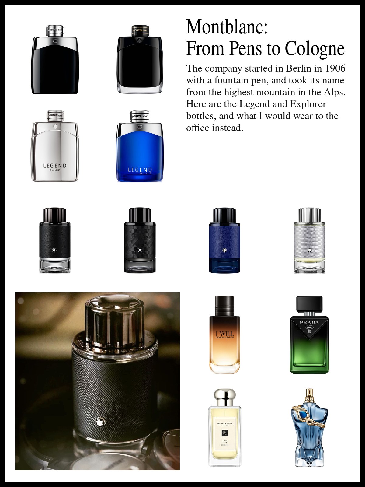 Collage of Montblanc Legend and Explorer bottles and clean office colognes beside a photo of a bright glass bathroom shelf lined with skincare bottles, hand cream tubes, a comb and a wooden toothbrush.