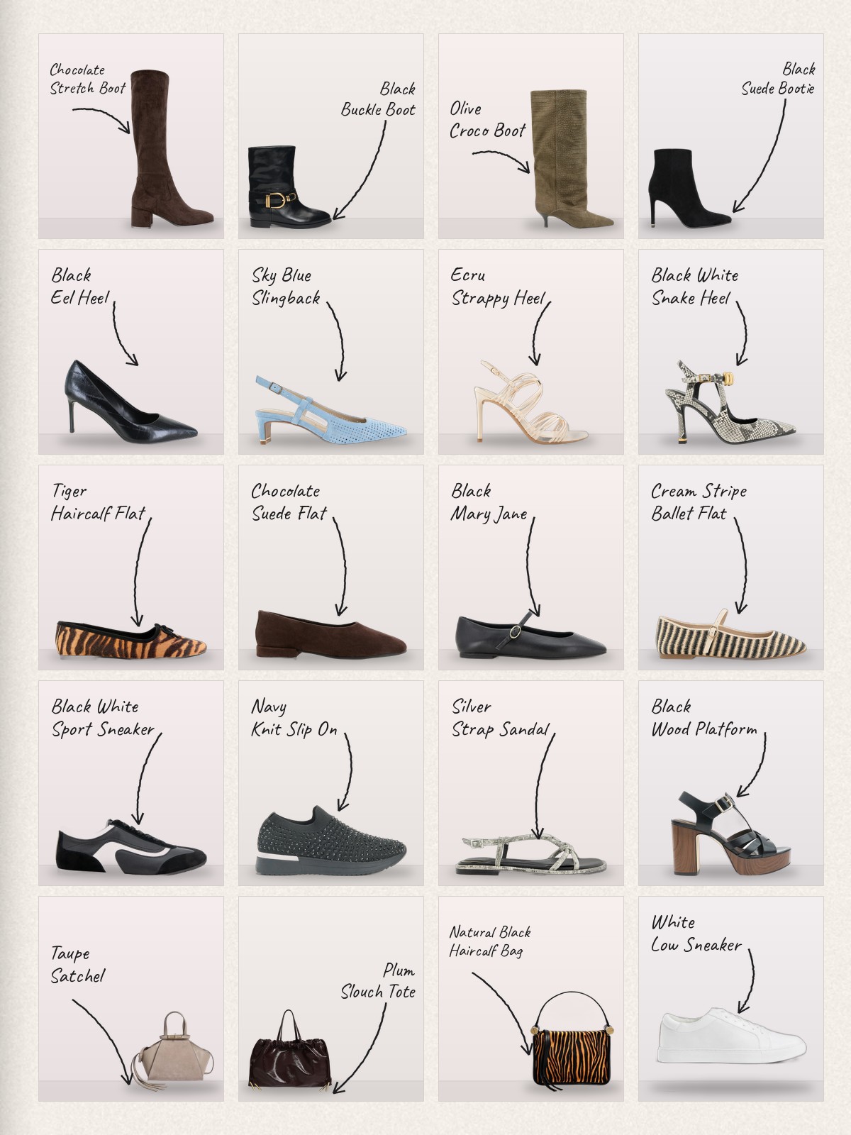 Collage: twenty Kenneth Cole products with handwritten labels