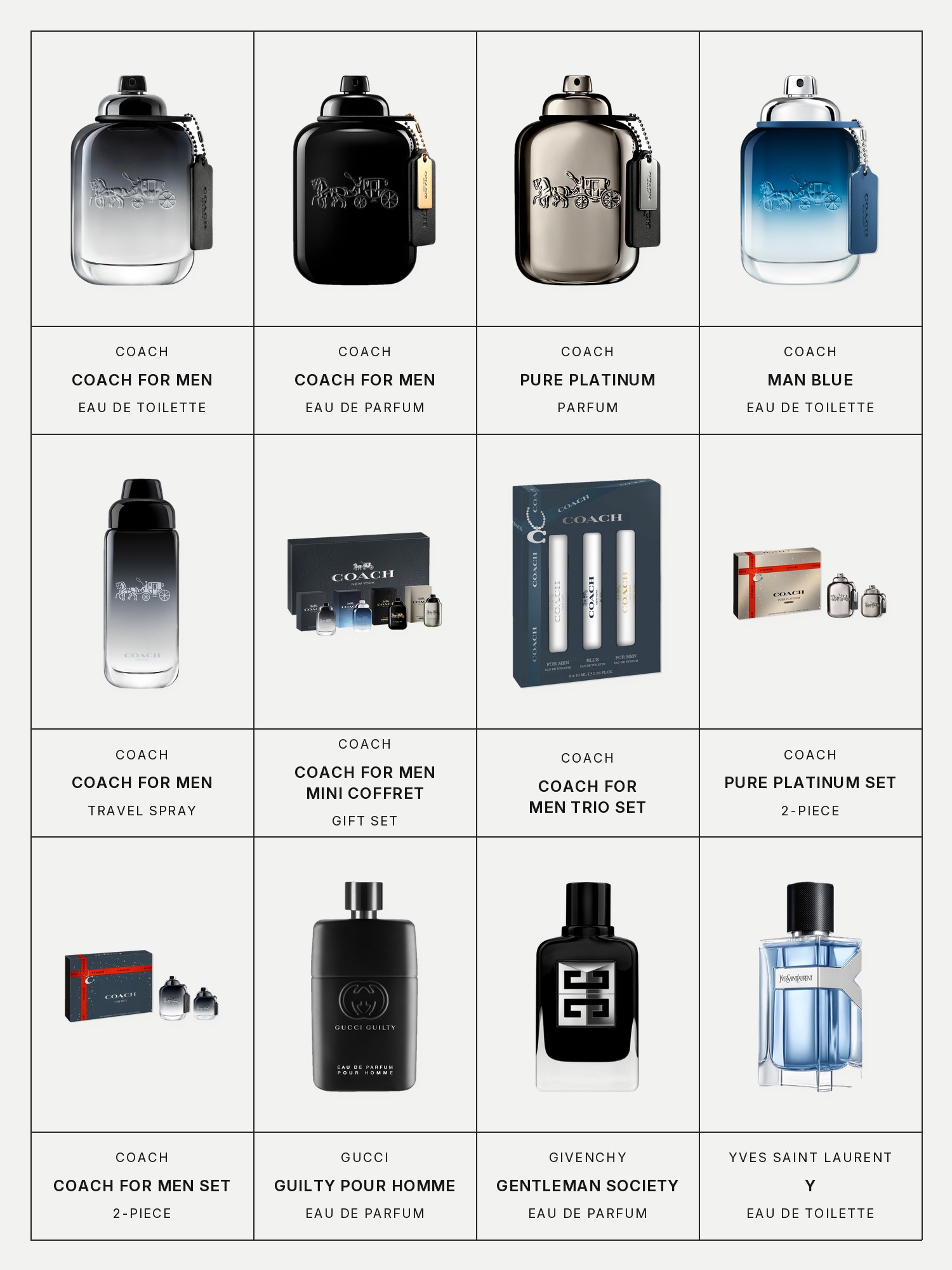 Twelve boxes on a pale grey page, one for each product in this edit, each with its brand and name printed below: Coach for Men Eau de Toilette Spray, Coach for Men Eau de Parfum, Coach Pure Platinum Parfum, Coach Man Blue Eau de Toilette, Coach for Men Eau de Toilette Travel Spray, Coach for Men Mini Coffret Cologne Gift Set, Coach for Men Trio Set, Coach Pure Platinum Parfum 2 Piece Set, Coach for Men Eau de Toilette 2 Piece Set, Gucci Guilty Eau de Parfum for Homme with Rose and Cedarwood, Givenchy Gentleman Society Eau de Parfum and Yves Saint Laurent Y Eau de Toilette with Fresh Lavender & Geranium.