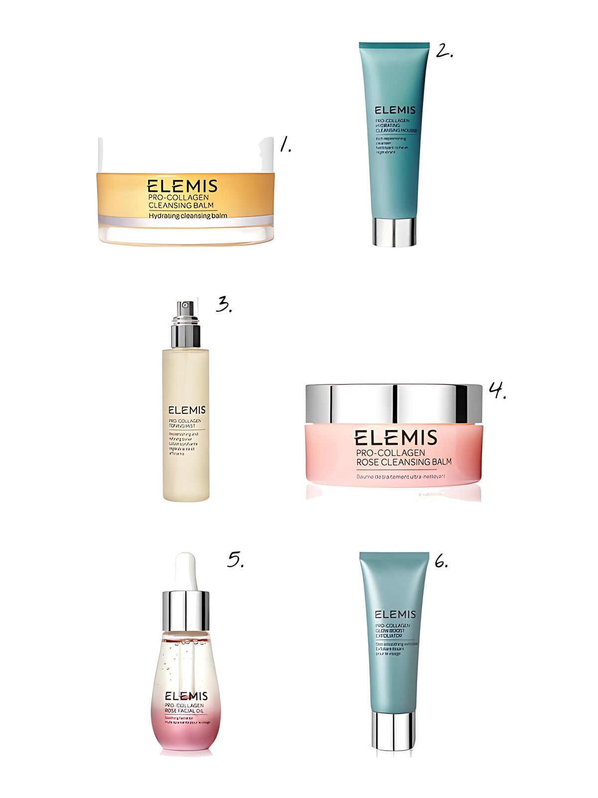 Numbered collage: 1. Elemis Pro-Collagen Makeup Melting Cleansing Balm; 2. Elemis Pro Collagen Hydrating Cleansing Mousse; 3. Elemis Pro Collagen Toning Mist; 4. Elemis Pro Collagen Rose Cleansing Balm 3.5 oz.; 5. Elemis Pro-Collagen Rose Facial Oil 0.5 oz.; 6. Elemis Pro Collagen Glow Boost Exfoliator 3.3 oz.