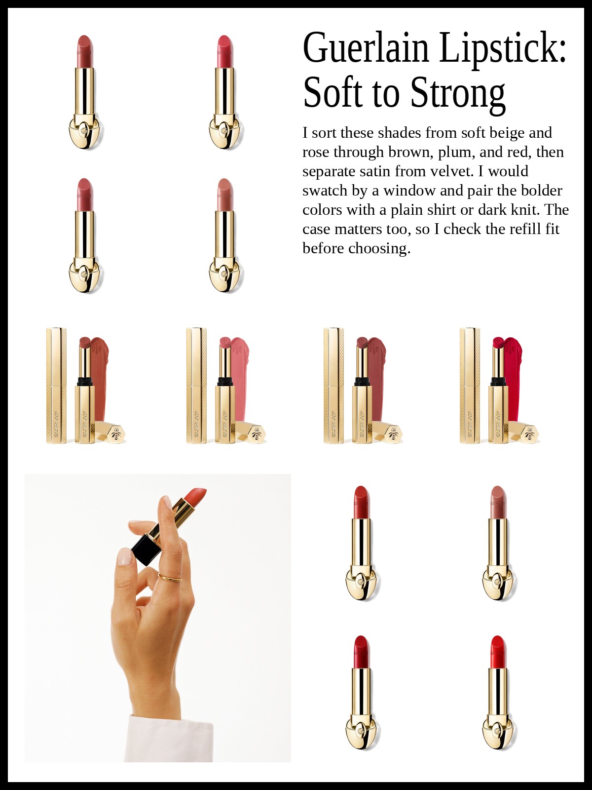 Collage of Rouge G lipstick shades, KissKiss lipsticks, and satin and velvet lipstick refills, plus a mood photo of a red lipstick held in a hand