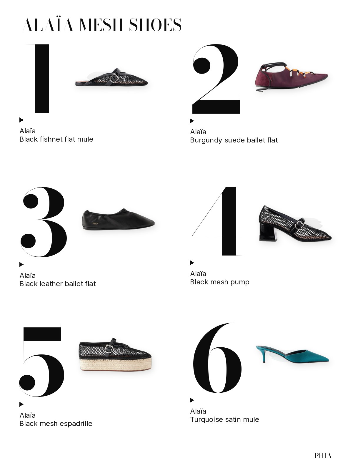 Big-numbers fashion collage featuring Alaïa mesh flats, pumps, mules and sandals.