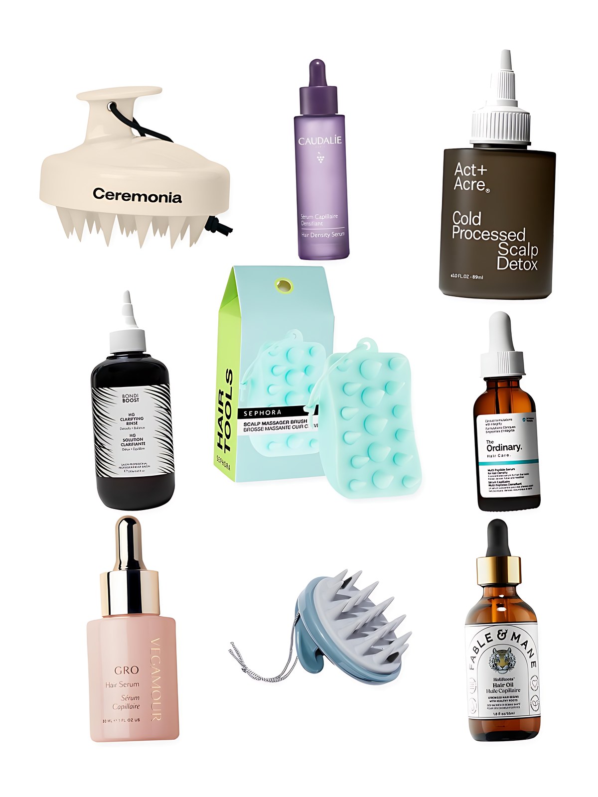 Collage on a white background showing Fable & Mane HoliRoots™ Pre-Wash Scalp & Hair Treatment Oil, Vegamour GRO Hair Serum for Thinning Hair, Briogeo Scalp Revival™ Stimulating Therapy Massager, Act+Acre Cold Processed Scalp Detox Oil For Dry Scalp, Caudalie Hair Density Serum for All Types of Hair Thinning with Soothing Peptides, Ceremonia Scalp Massager, BondiBoost HG Clarifying Pre-Wash Treatment with Lactic Acid and Rosemary, The Ordinary Multi-Peptide Serum for Hair Density for Thicker, Fuller Looking Hair and Sephora Collection Silicone Scalp Massager.