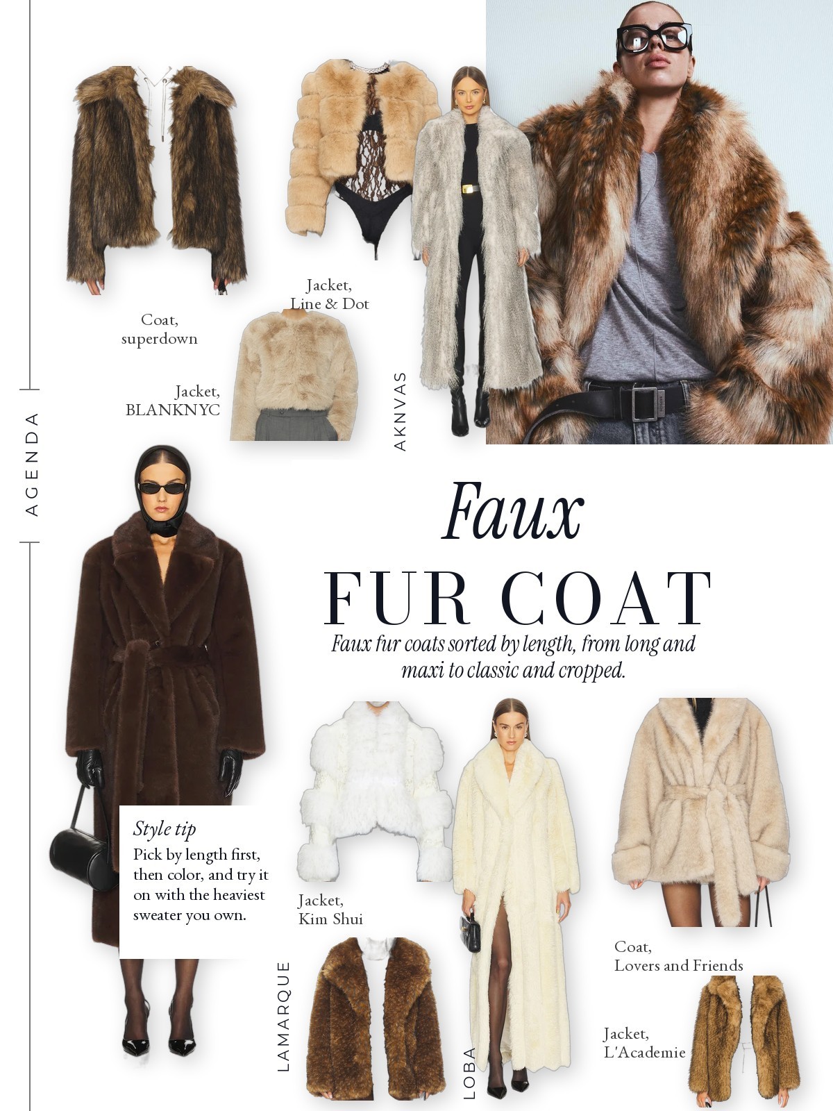 Collage: faux fur coats sorted by length on a magazine-style page