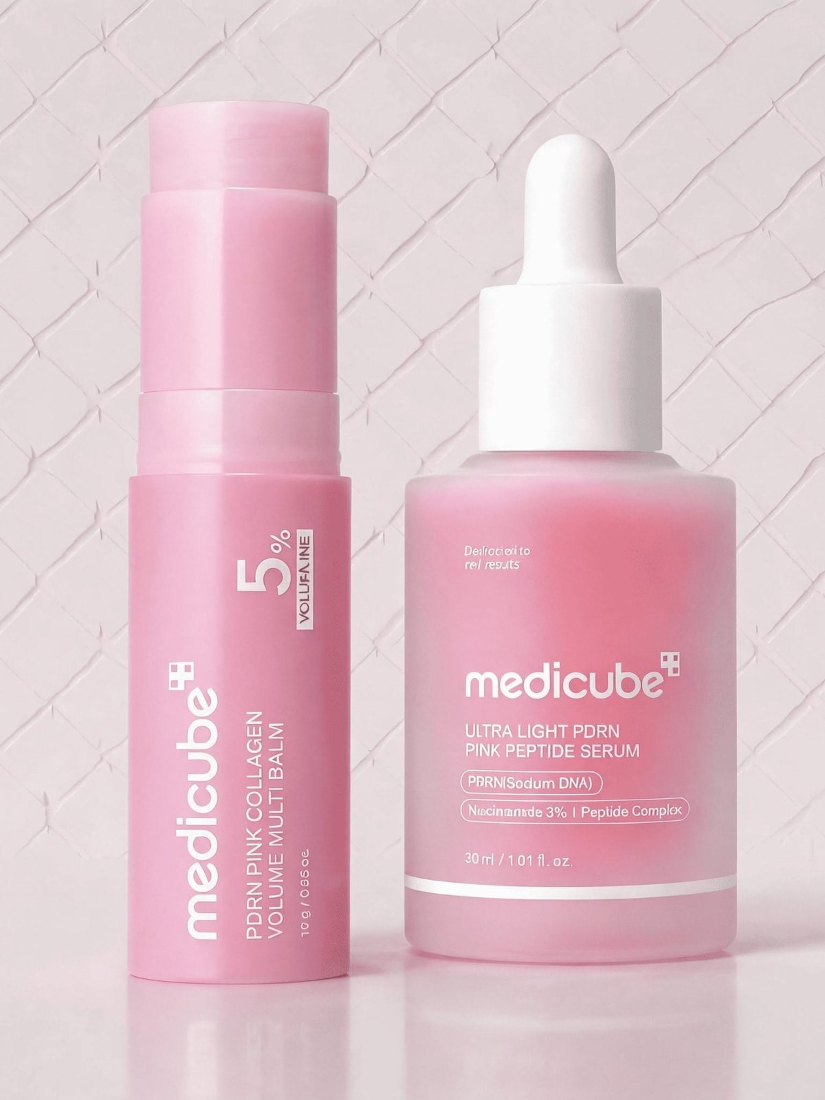Medicube PDRN Pink Collagen Volume Multi Balm and Peptide Serum bottles side by side