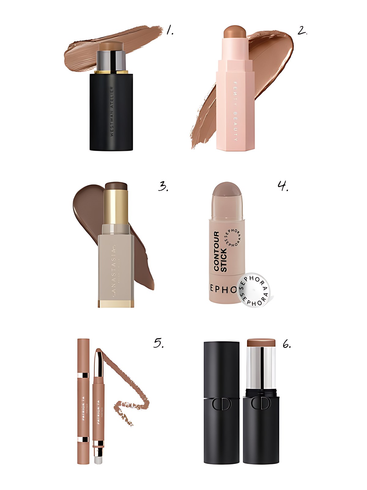 Numbered collage: 1. Westman Atelier Face Trace Cream Contour Stick in Biscuit; 2. Fenty Beauty by Rihanna Match Stix Matte Contour Skinstick in Suedish; 3. Anastasia Beverly Hills Smooth Blur Cream Contour Stick in Basetone; 4. SEPHORA COLLECTION Cream Contour Stick in 01 Fair to Light; 5. PATRICK TA Major Sculpt Shape & Shade Anywhere Artistry Stick in Shape; 6. Dior Forever Skin Cream Contour Sculpting Face Stick in 03 Medium