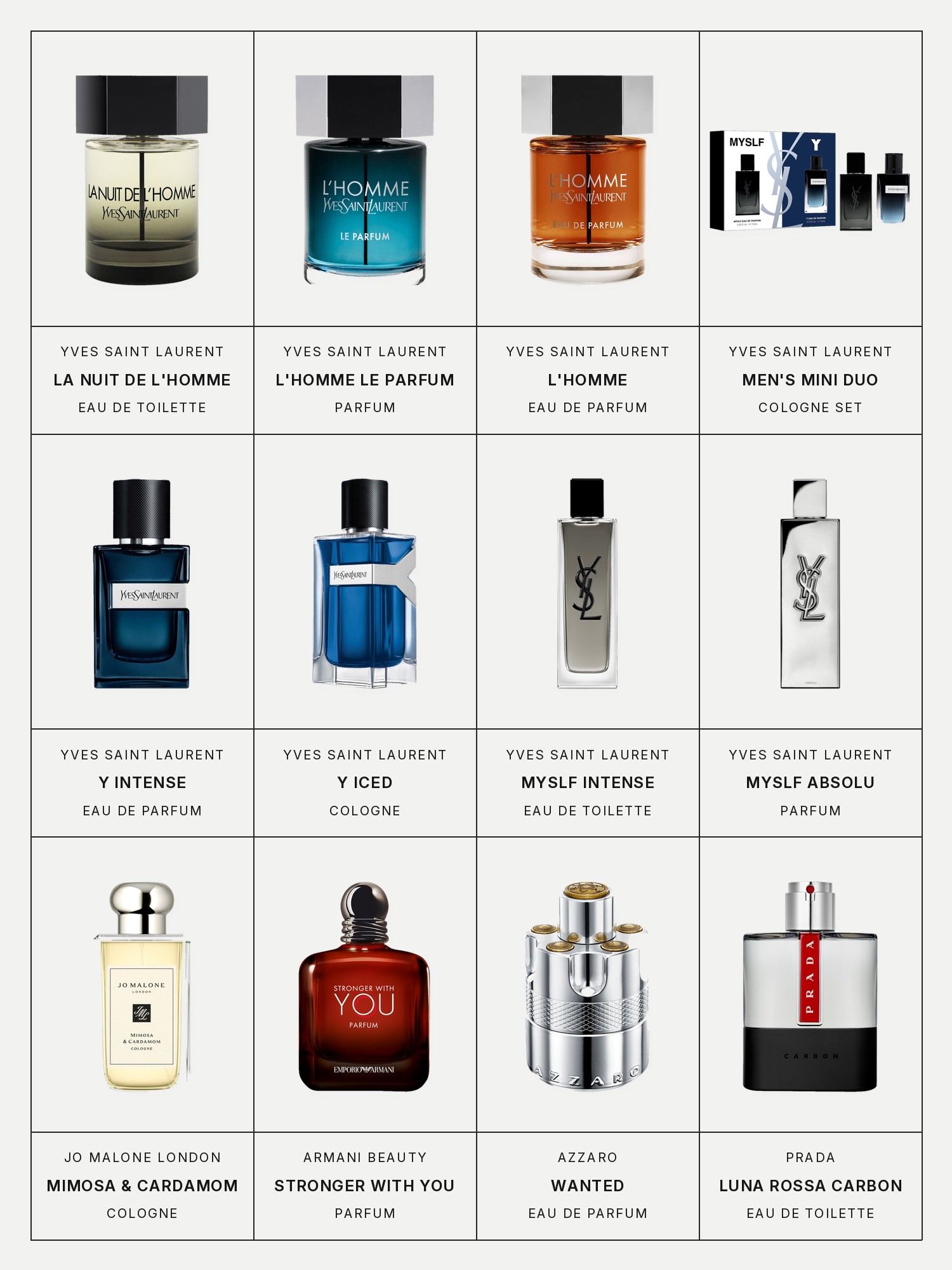 Twelve boxes on a pale gray page, one for each product in this edit, each with its brand and name printed below: Yves Saint Laurent La Nuit de L'Homme Eau de Toilette, Yves Saint Laurent L'Homme Le Parfum, Yves Saint Laurent L'Homme Eau de Parfum, Yves Saint Laurent Men's Mini Cologne Duo Set, Yves Saint Laurent Y Eau de Parfum Intense, Yves Saint Laurent Y Iced Cologne, Yves Saint Laurent MYSLF Eau de Toilette Intense, Yves Saint Laurent MYSLF Absolu, Jo Malone London Mimosa & Cardamom Cologne, Armani Beauty Stronger With You Parfum, Azzaro Wanted Eau de Parfum and Prada Luna Rossa Carbon Eau de Toilette.