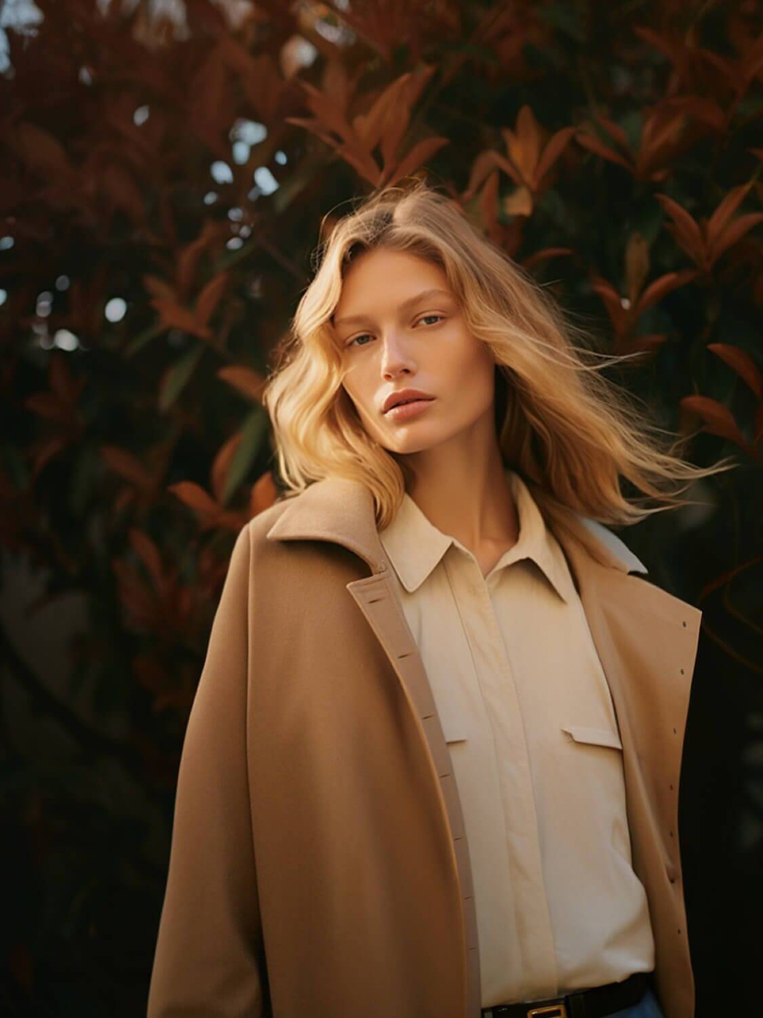 Blonde model in a camel coat and cream shirt against dark autumn foliage
