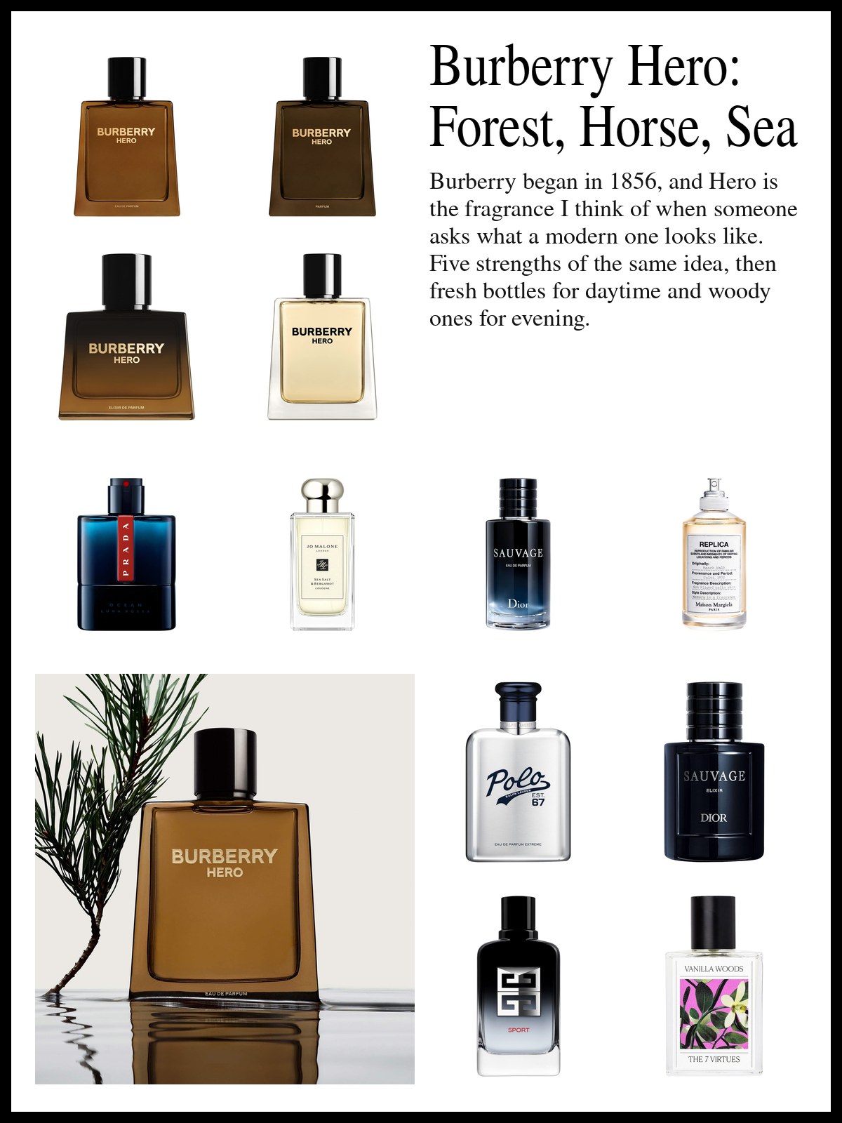 Collage of Hero fragrance bottles, fresh citrus colognes and woody cedar scents beside a photo of a folded pale blue shirt with a watch, earbuds, a cup of black coffee and a few lip and cheek products laid out on top.
