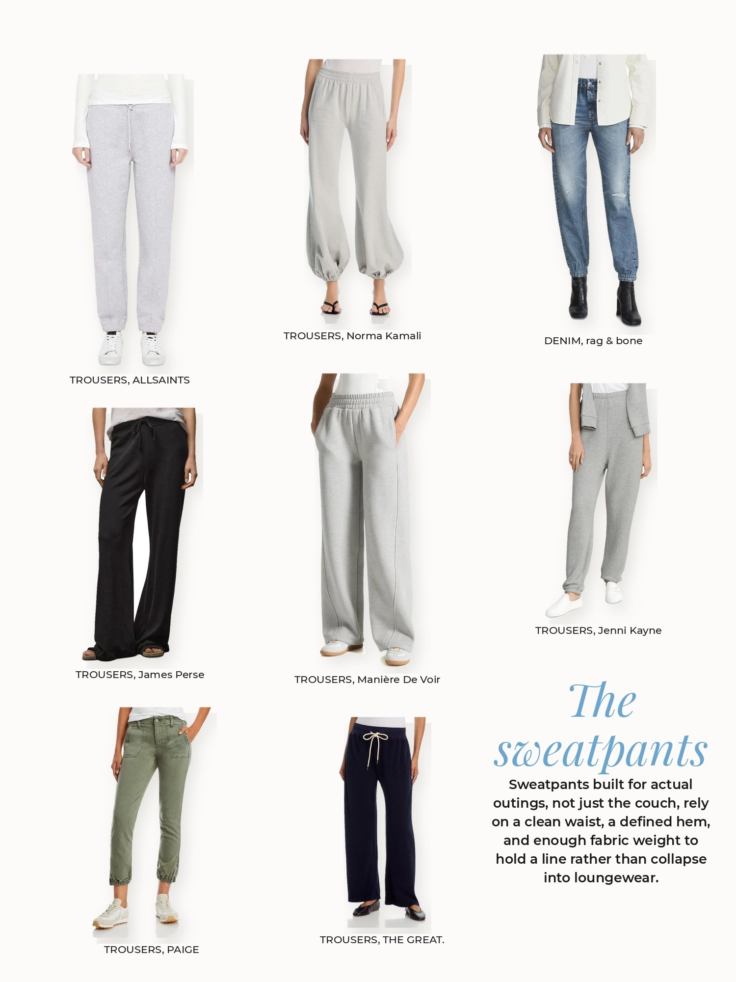 Sweatpants collage: ALLSAINTS, James Perse, Jenni Kayne, Manière De Voir, Norma Kamali, PAIGE, THE GREAT., rag & bone
