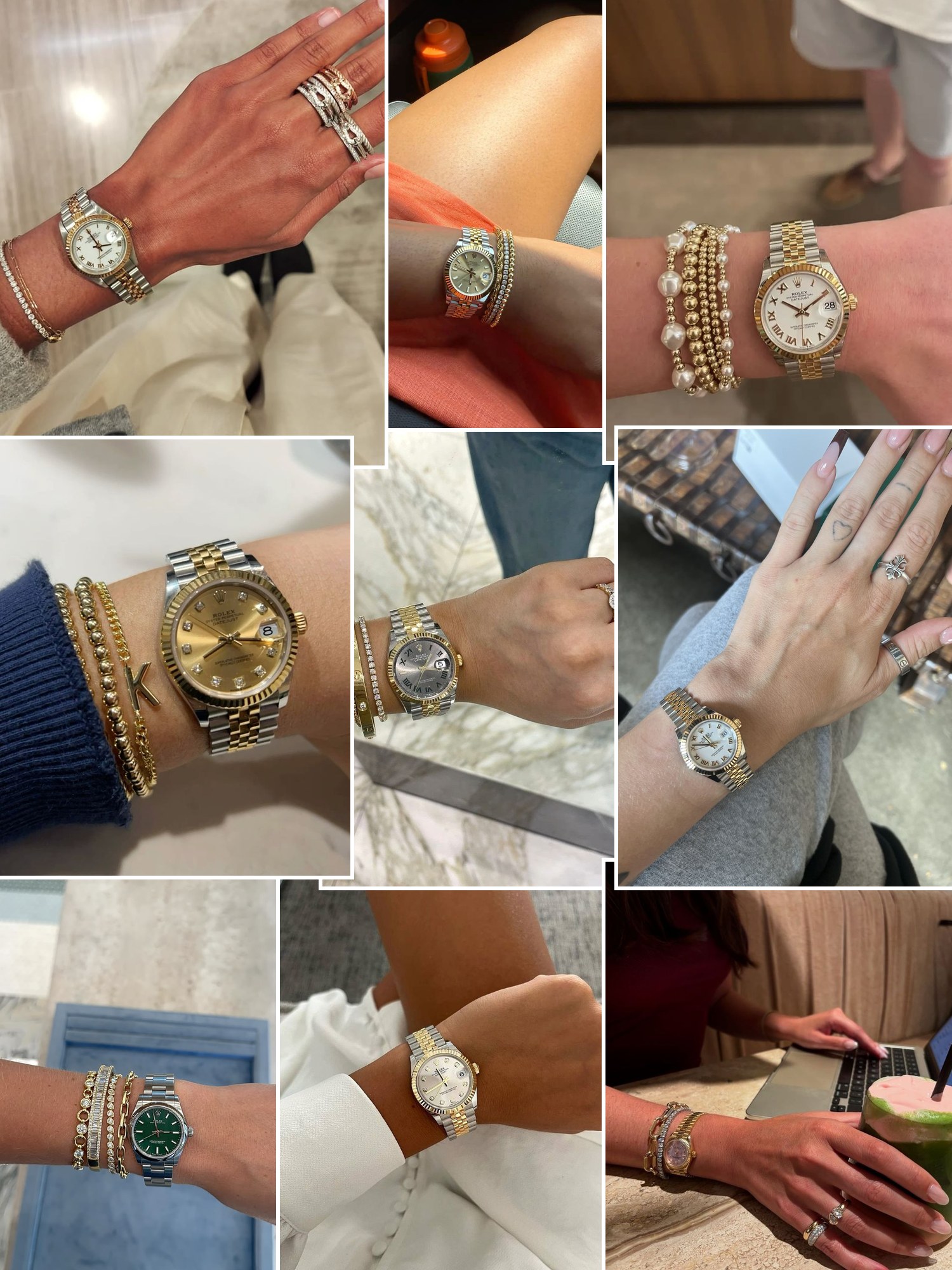 Collage of wrist stacks pairing a ladies Rolex with bracelets