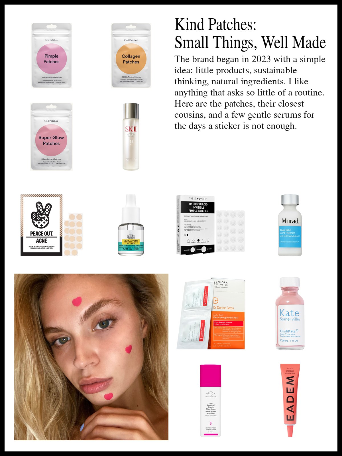 Collage of Kind Patches, pimple patches and spot serums beside a photo of pink and mauve lip tubes tucked into the belts and waistbands of cream trousers and a black skirt.