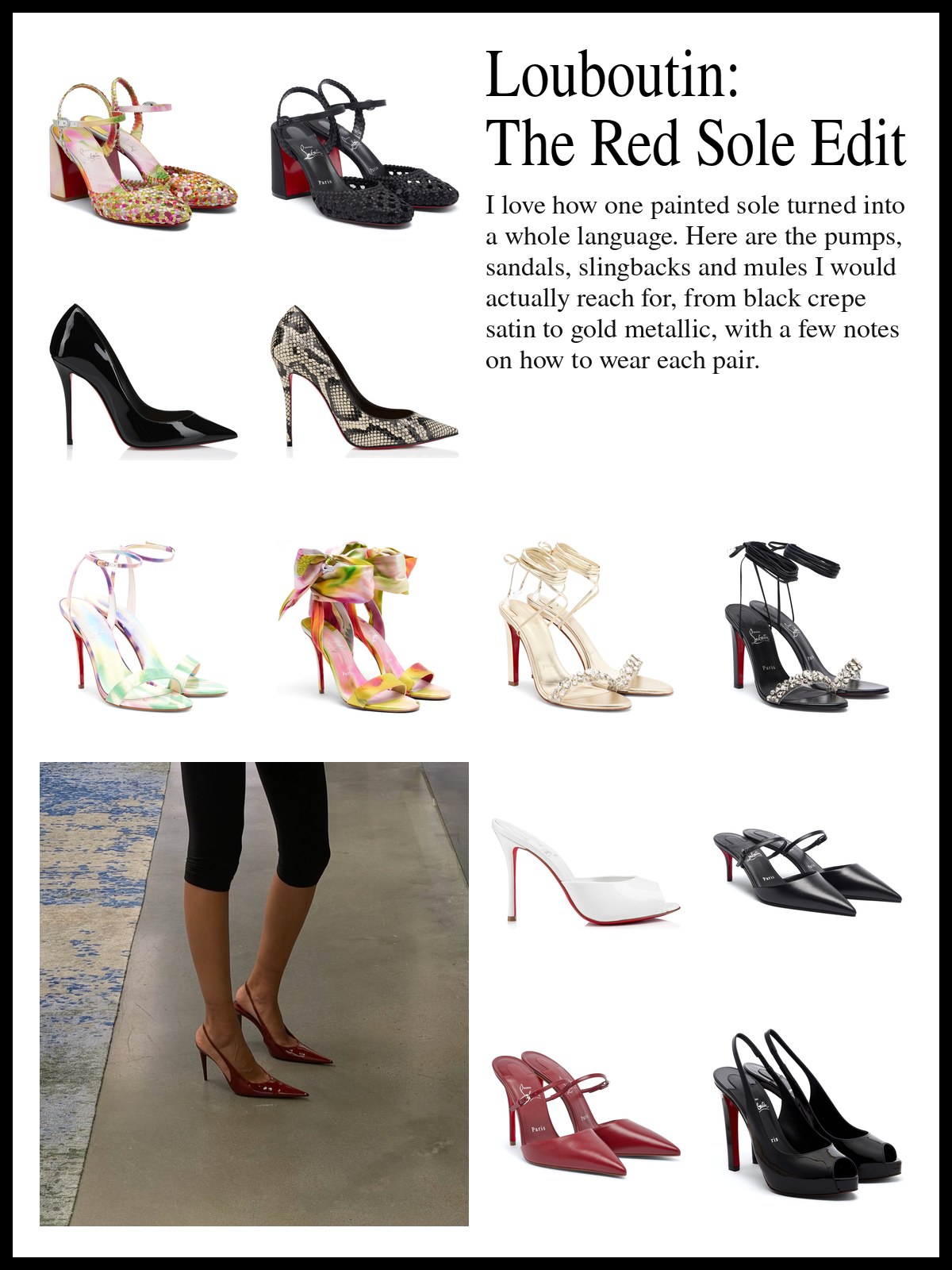 A collage of Christian Louboutin pumps, heeled sandals, slingbacks and mules, and a mood photo of red pointed slingbacks with black cropped leggings.