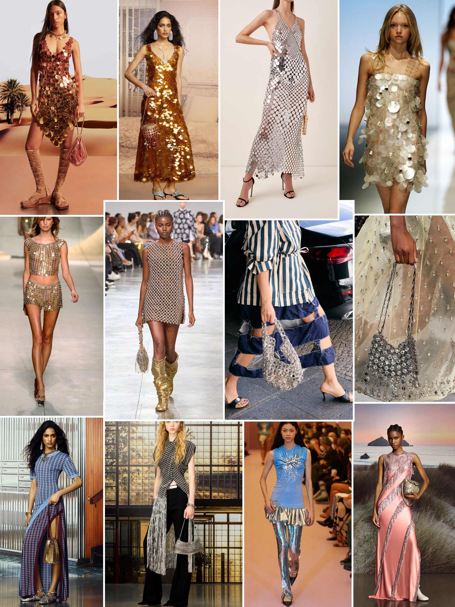 Collage of runway looks, campaign shots and street style outfits that capture the Rabanne mood