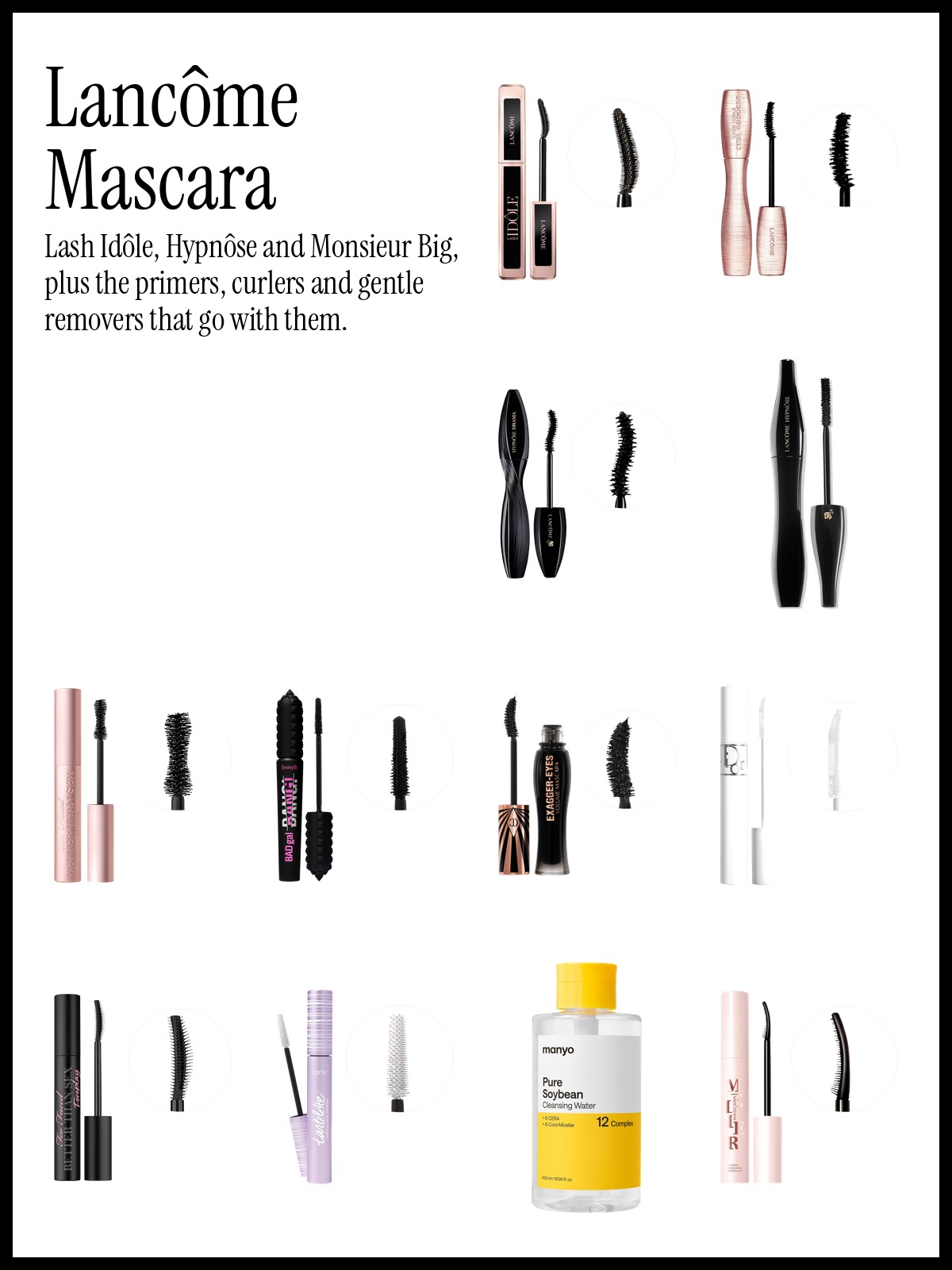 Collage of Lancôme Lash Idôle Lengthening & Volumizing Mascara, Too Faced Better Than Sex mascara and Dior Diorshow Maximizer 4D Lash Primer-Serum