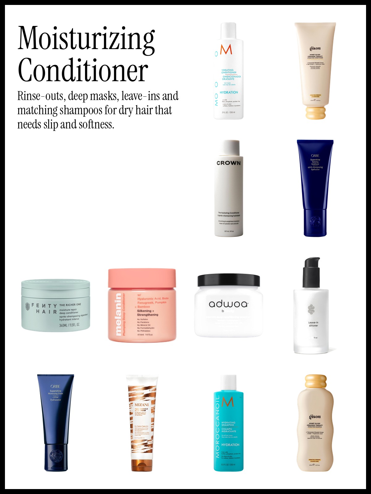 Collage of Moroccanoil Hydrating Conditioner with Argan Oil, Fenty Beauty The Richer One deep conditioner and Crown Affair Leave-In Conditioner