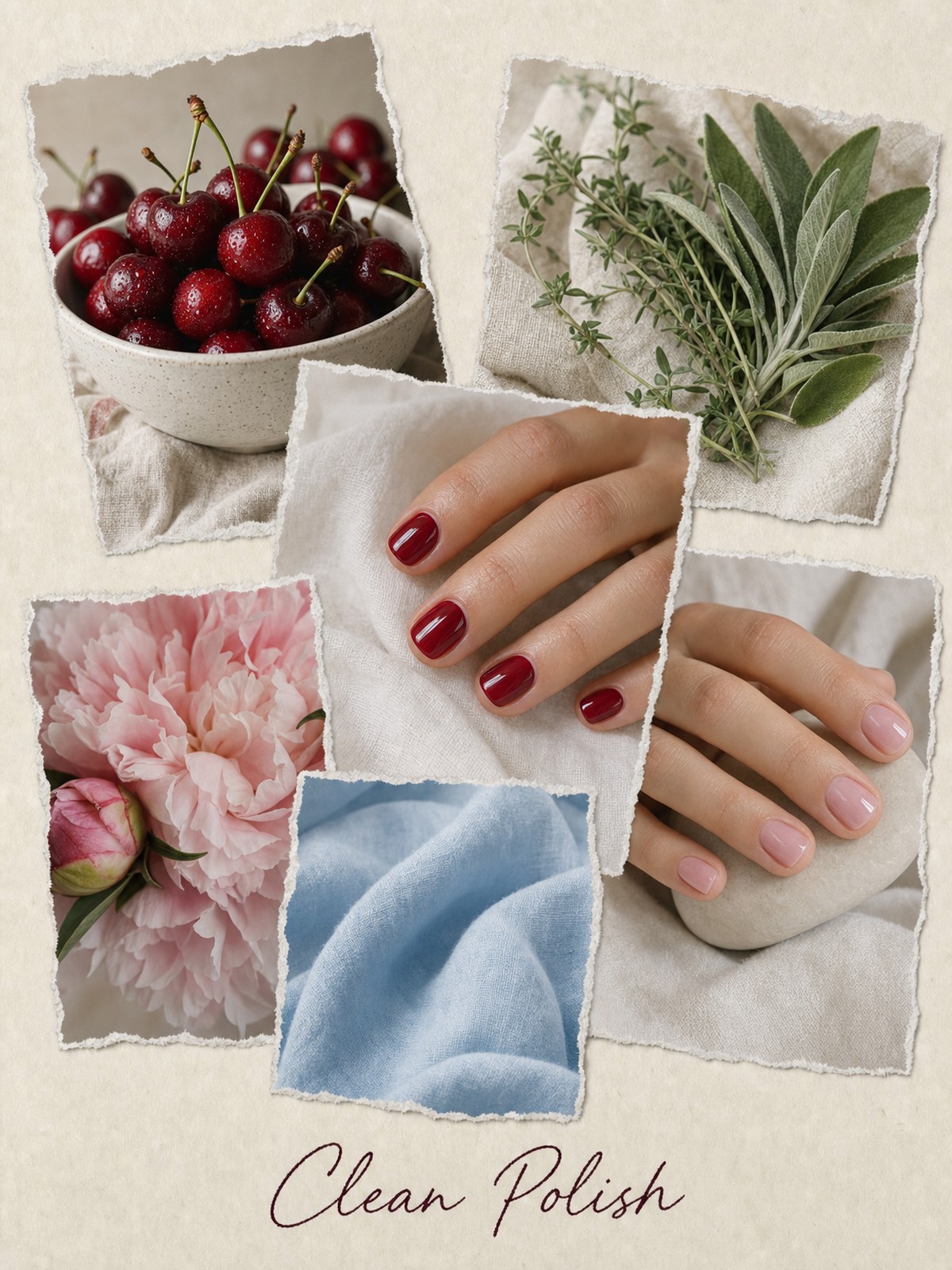 Mood board for clean nail polish: a bowl of cherries, sage and thyme on linen, pink peonies, sky blue linen, and cherry red and sheer pink manicures