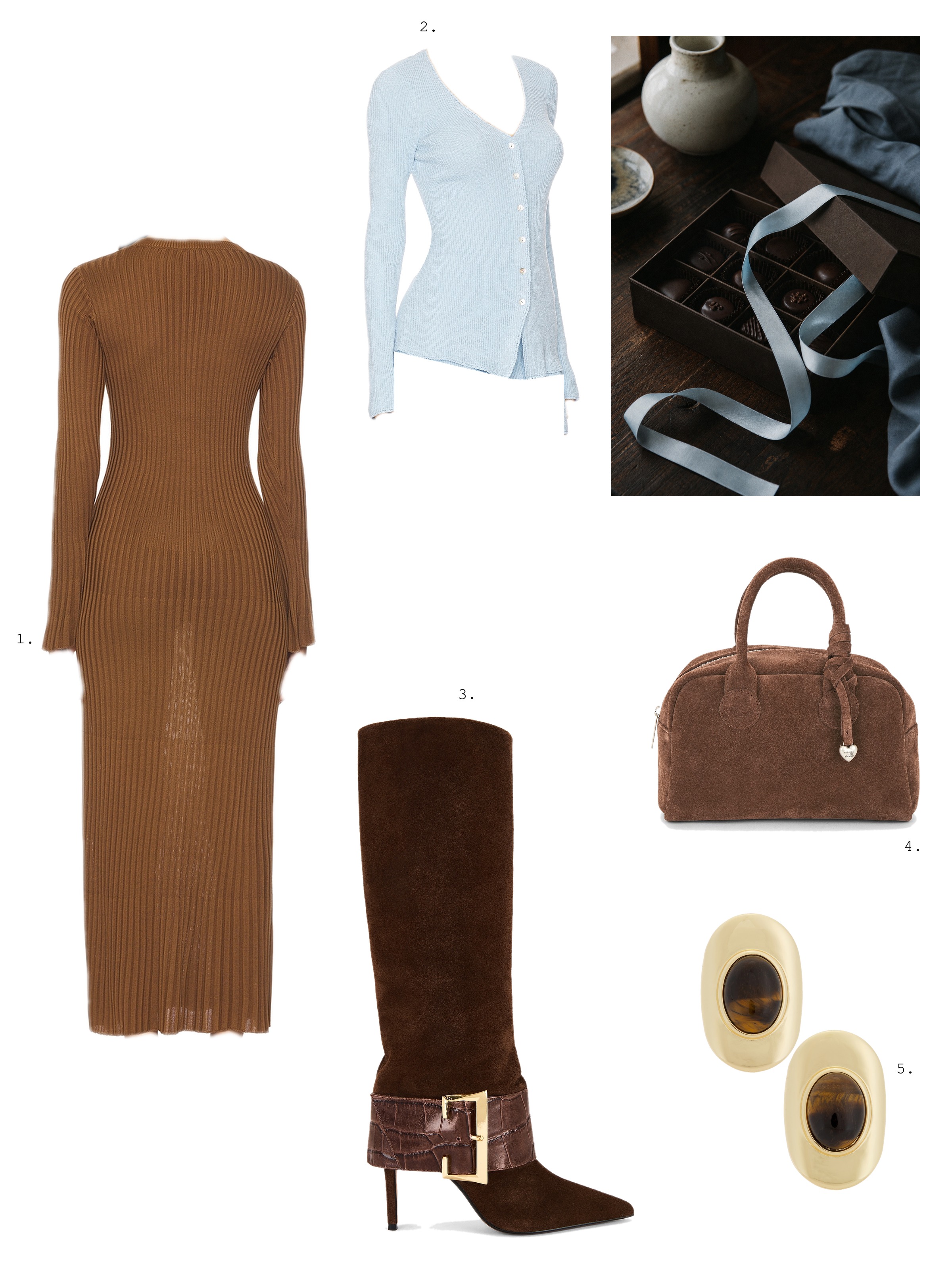 Brown and blue moodboard collage: a photo of chocolates and a pale blue ribbon beside a toffee knit midi dress, a pale blue cardigan, buckled brown suede boots, a brown suede bowling bag and gold earrings set with brown stones.