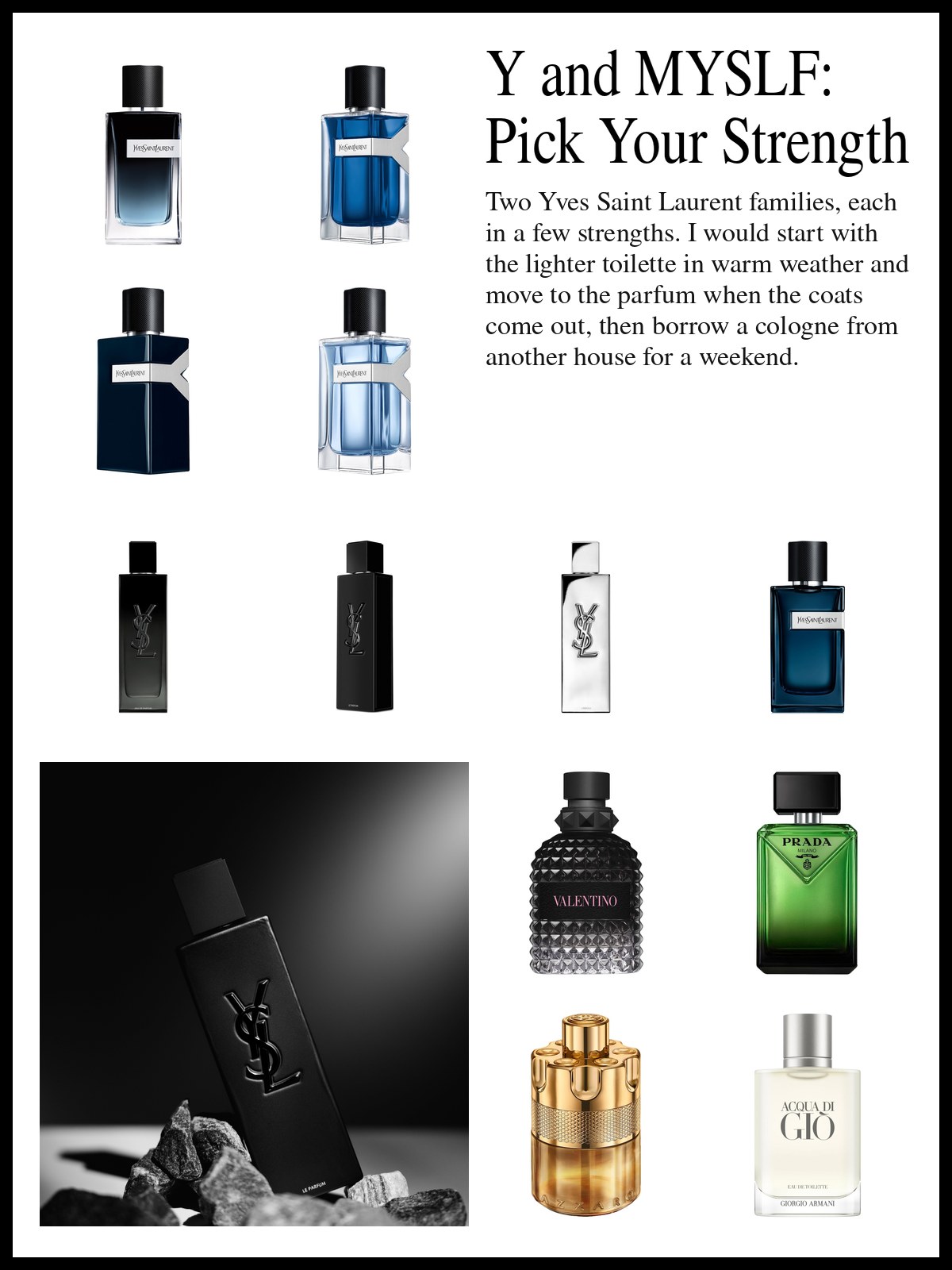 Collage of Yves Saint Laurent Y and MYSLF fragrance bottles and men's colognes from other houses beside a tall glass bottle, and a mood photo of a MYSLF bottle on dark stones.
