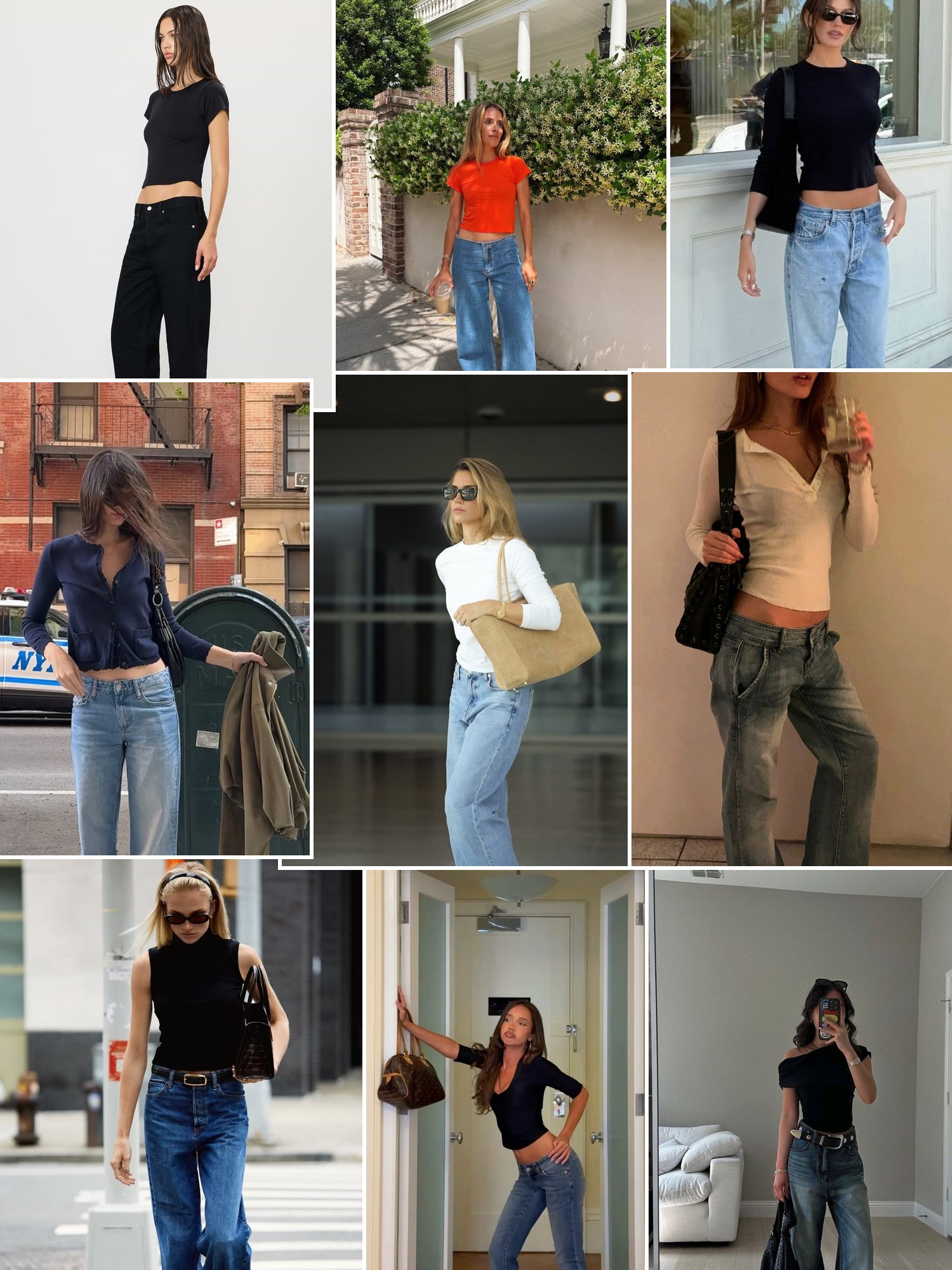 Street style collage of women wearing straight-leg and wide-leg jeans