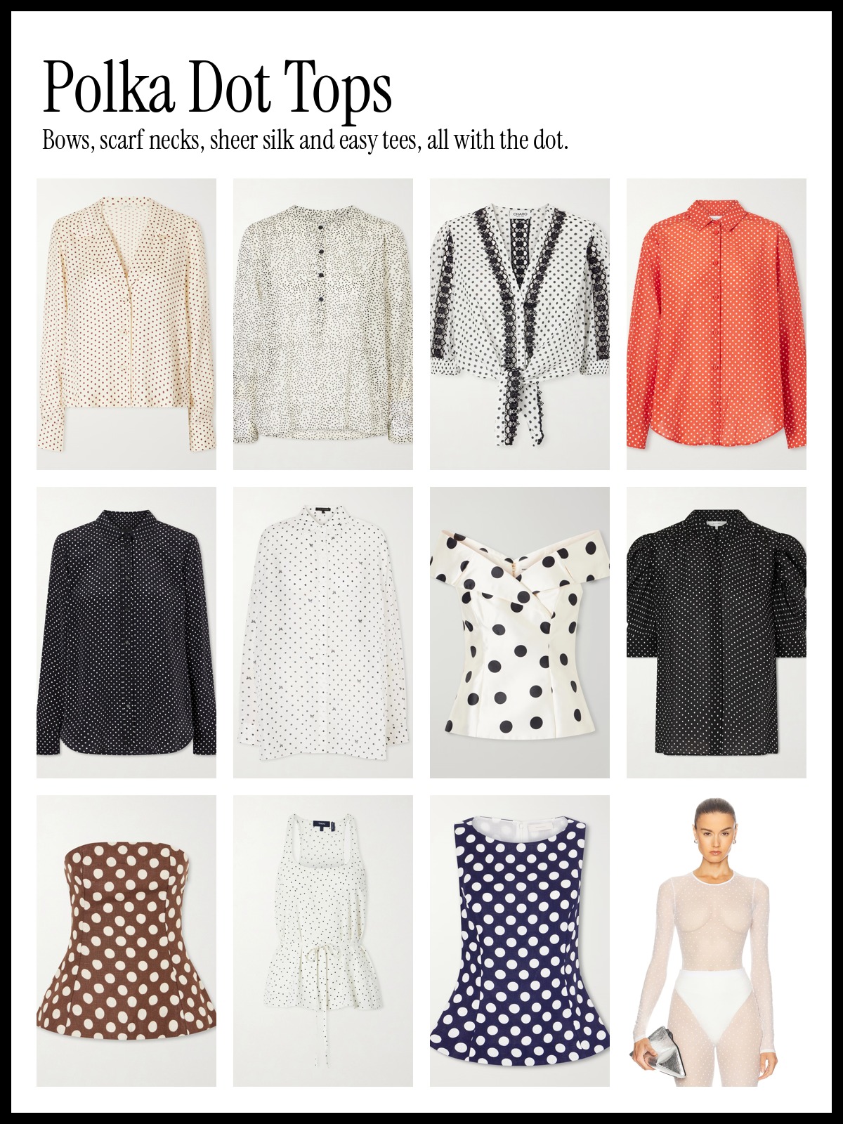 Collage of polka dot tops including bow blouses, a red dotted shirt, a navy dot button-down, a brown dot bustier and a navy dot peplum top
