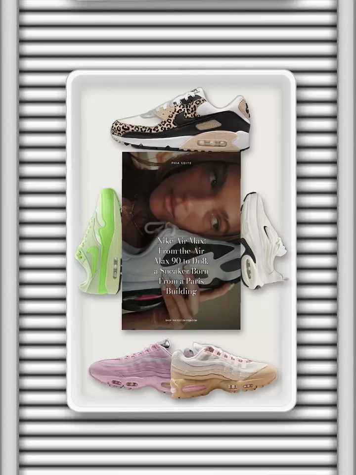 Animated airport trays on a conveyor, each holding a Phia edit cover and its products: Nike Air Max, Fendi Baguette Bag, Red Lipstick Is Back to Being the Whole Look, Collar Necklace, The Boozy Gourmand, Fall Skincare Routine, Gucci Sunglasses