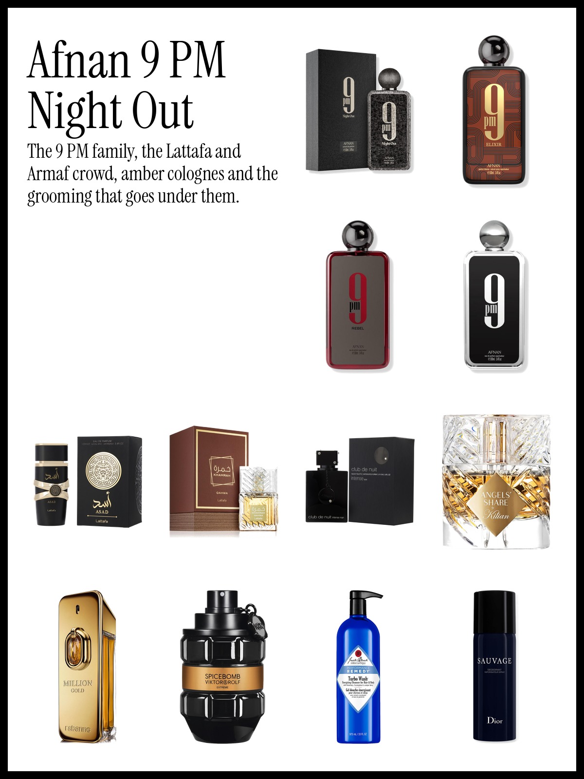 Collage of Afnan 9PM Night Out, Lattafa Asad and Kilian Paris Angels' Share fragrance bottles