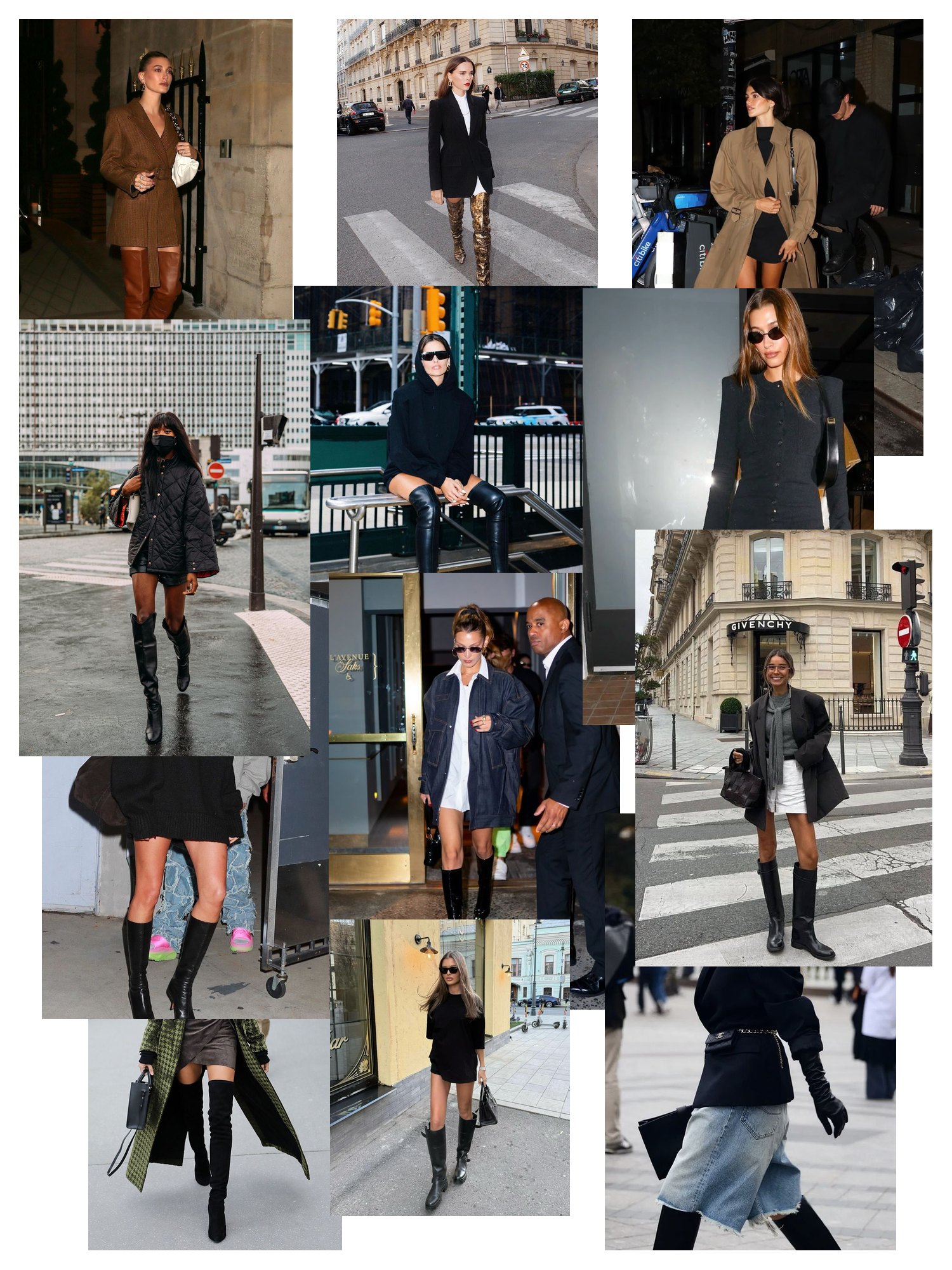 Street-style collage of 12 outfit photos featuring over the knee boots, scattered and overlapping