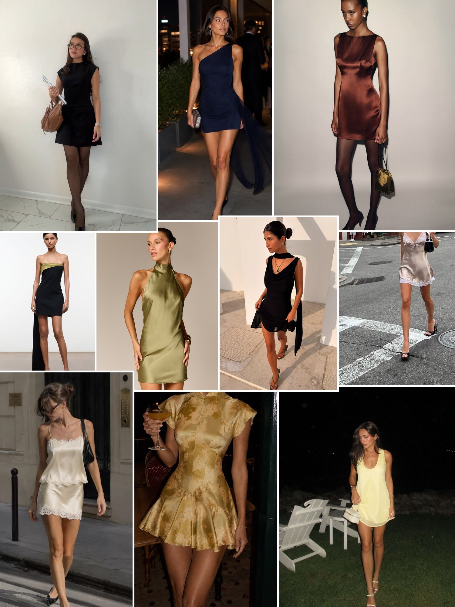 Street style collage of women wearing short formal dresses