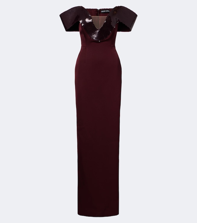 Sequined satin off-shoulder gown