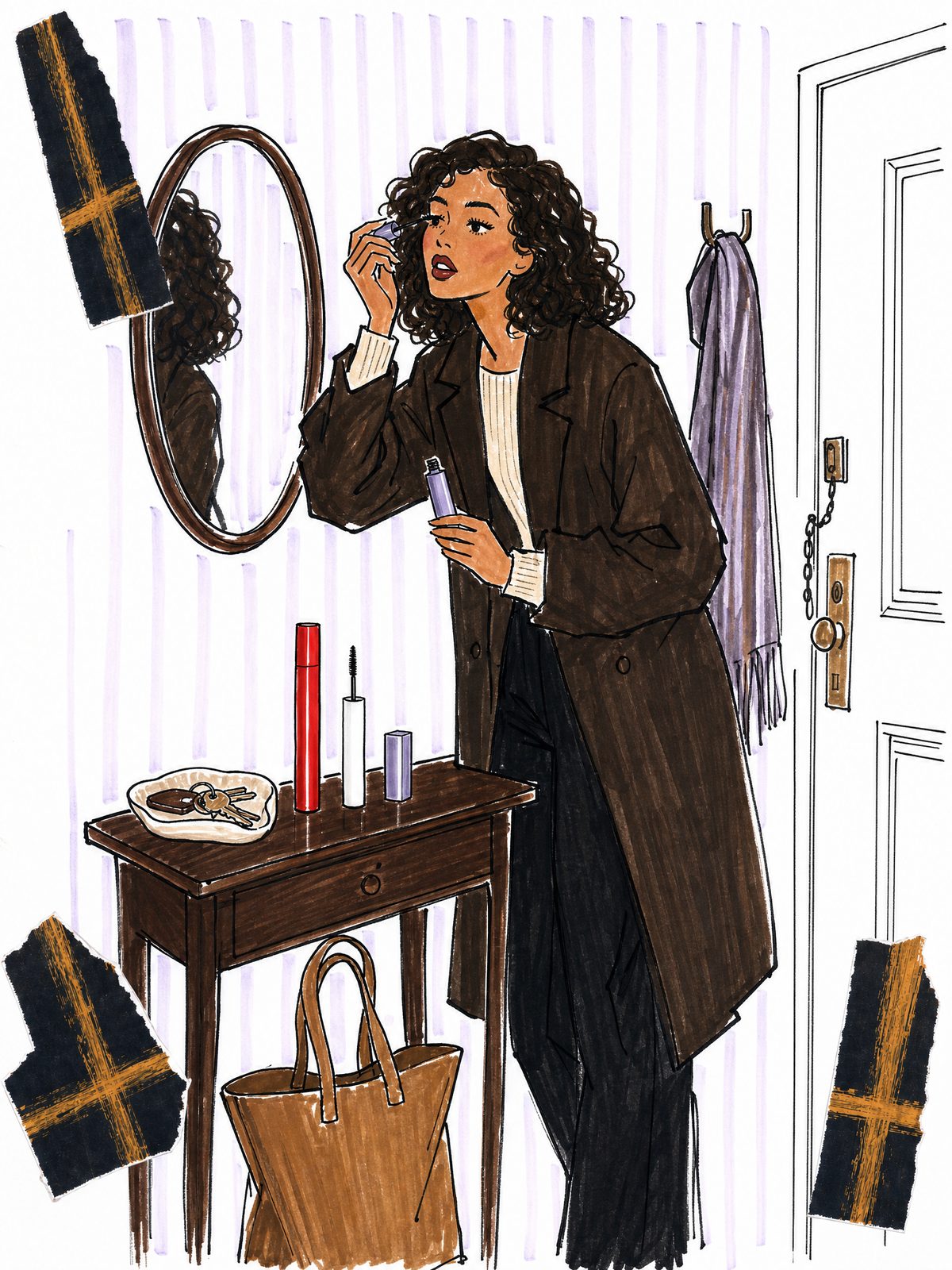 Illustration of a woman with curly hair in a chocolate brown coat applying mascara at a round hallway mirror by the front door, with a red mascara, a white brow gel and keys on the console table