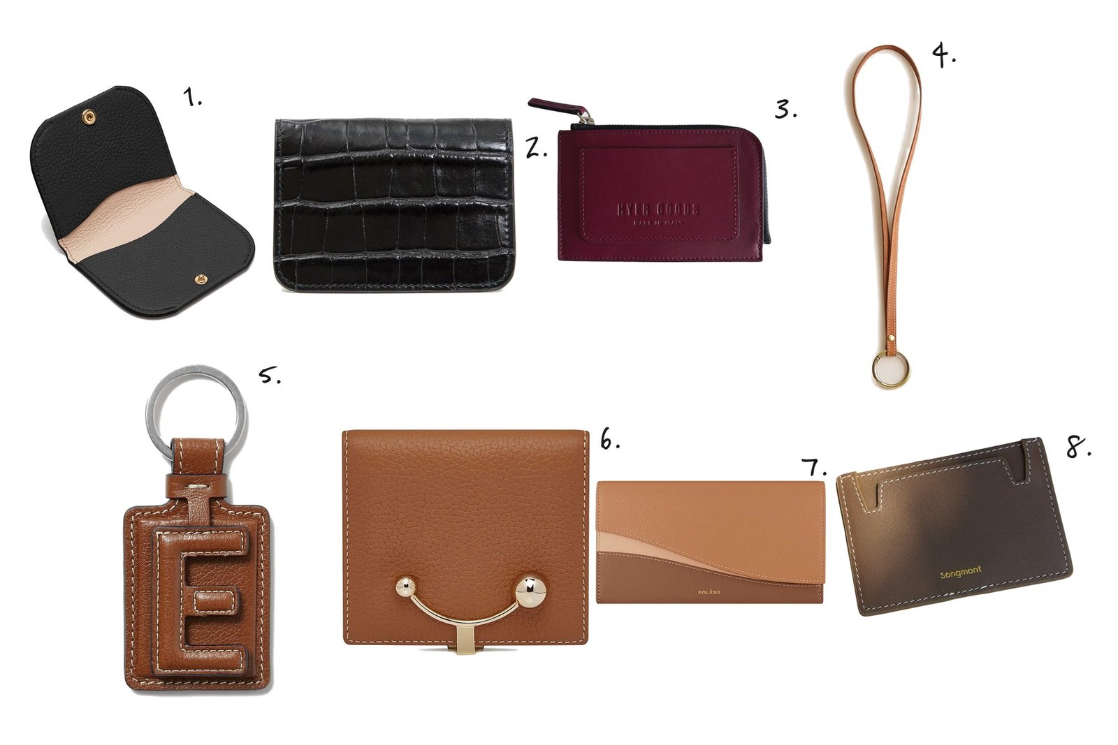 Numbered collage: 1. Cuyana Fold Cardholder; 2. Clare V. Card Case; 3. Hyer Goods Piccolo Zip Wallet; 4. Parker Thatch Leather Lanyard in Cognac; 5. Métier Letter Key Ring in Cognac; 6. Strathberry Crescent Wallet in Tan; 7. Polène Sierra Wallet in Camel; 8. Songmont Yore Tiger-Tooth Cardholder